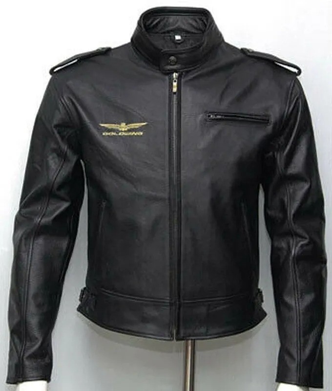 Men Black Motorcycle Biker Jacket Real Cowhide Leather Back Goldwing Rider Coat