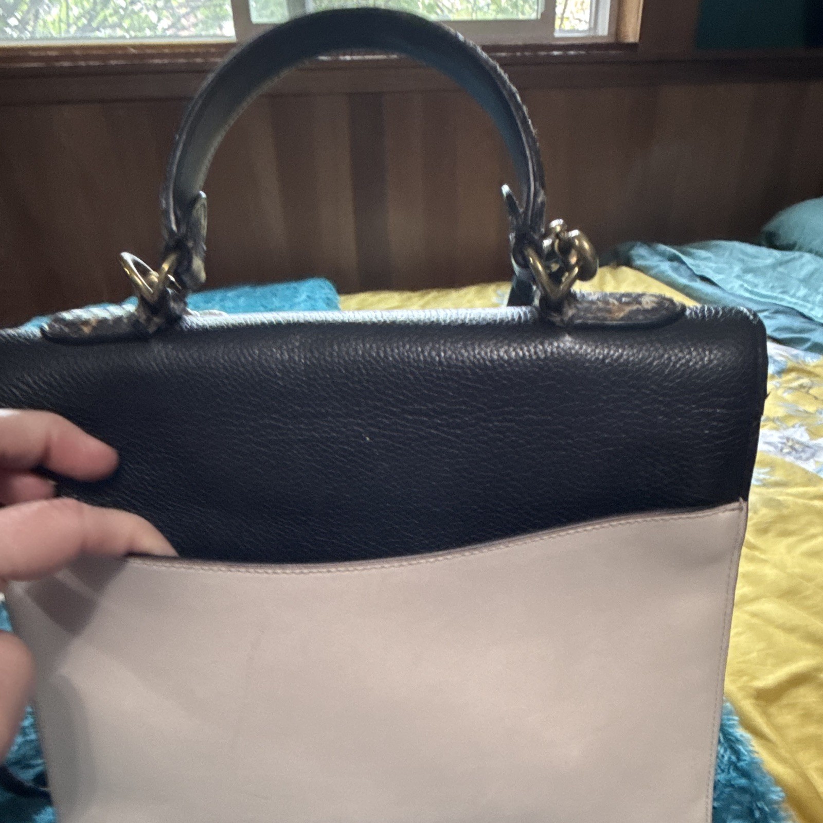 Coach Black Beige Snakeskin Medium Satchel Top Handle Turn Lock Zip Gold