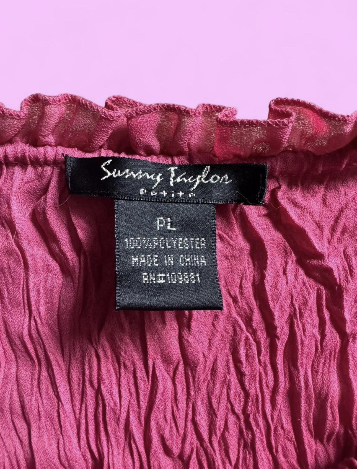 Sammy Taylor Pink Ruched Buttoned Blouse with Ruffled Trim in Petite Large