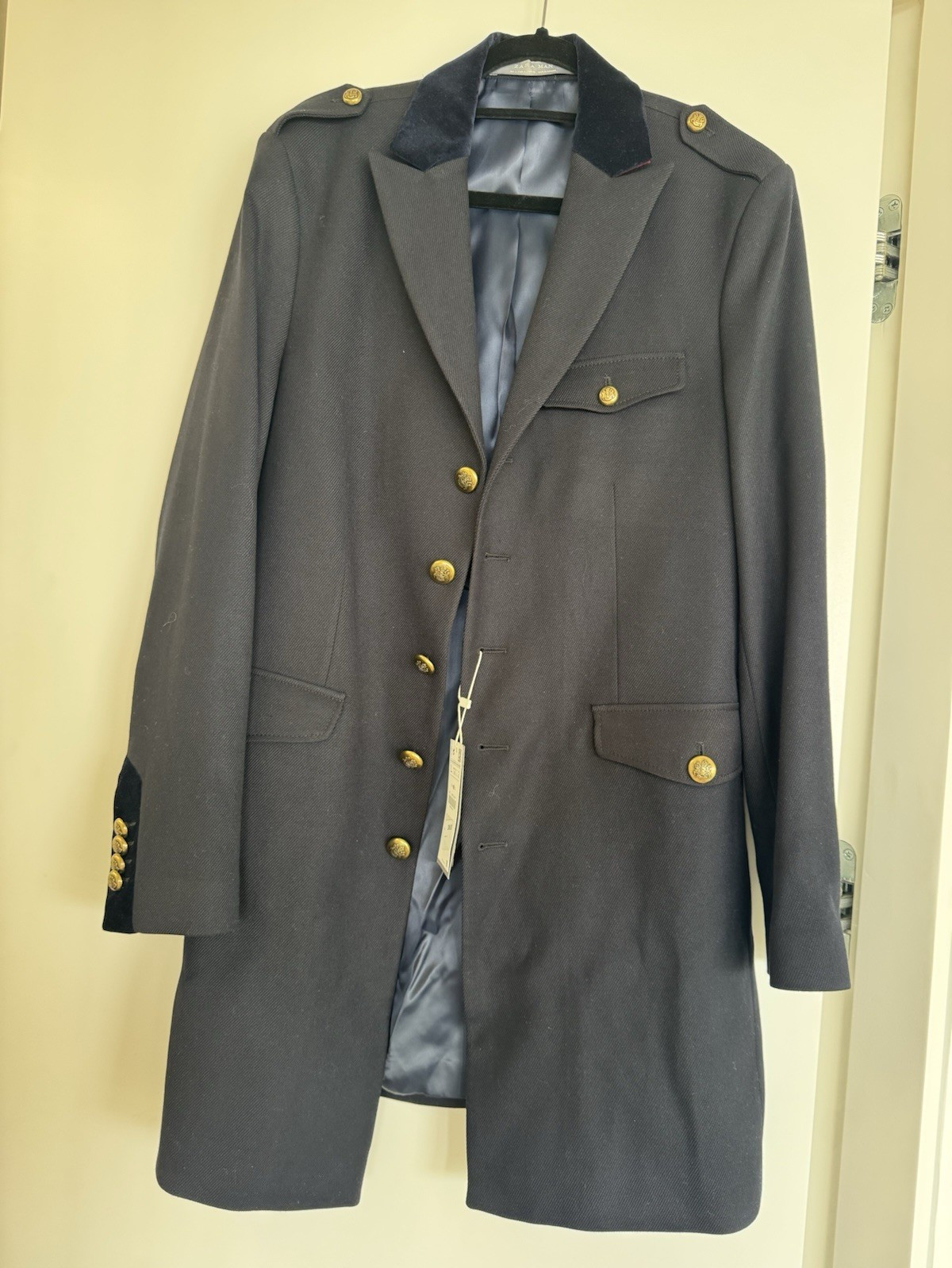 ZARA MAN Navy Formal Overcoat L 42″ Chest Lined Notch Collar Gold Buttons