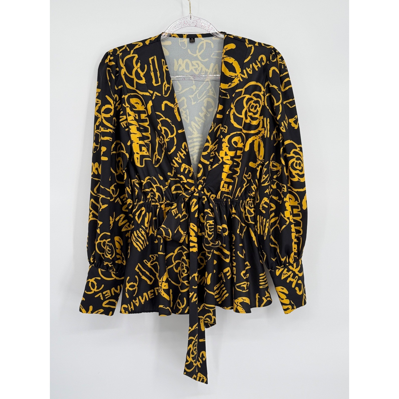 Low Cut Graffiti Black Yellow Long Sleeve Blouse w Front Tie Elastic Waist Sz M