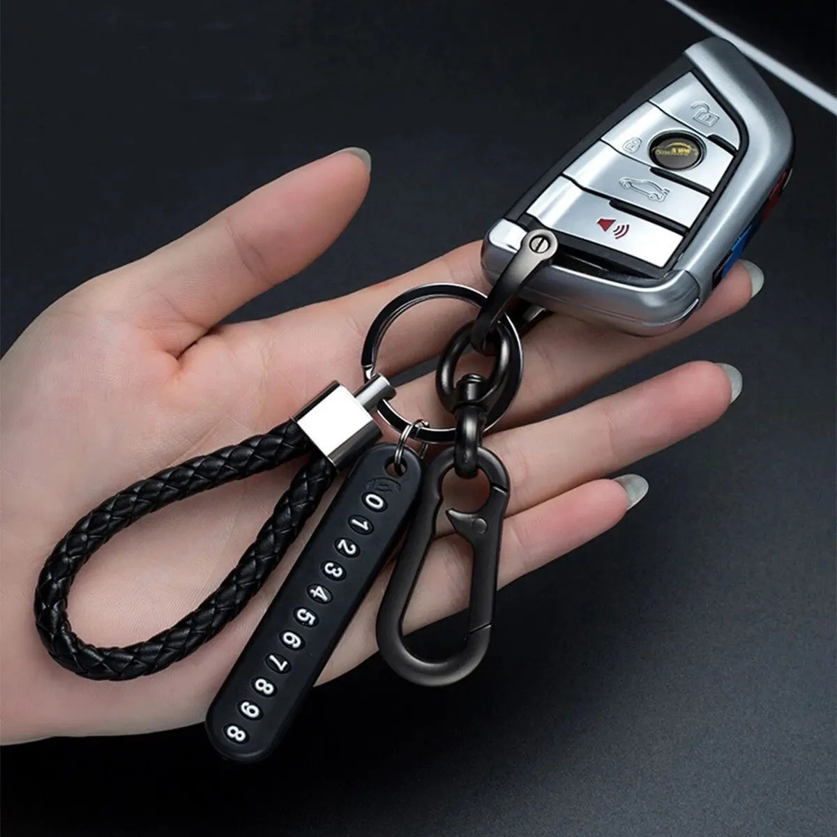 Trendy DIY Anti-Lost Phone Number Plate Keychain Woven Leather Rope Car Key Chai