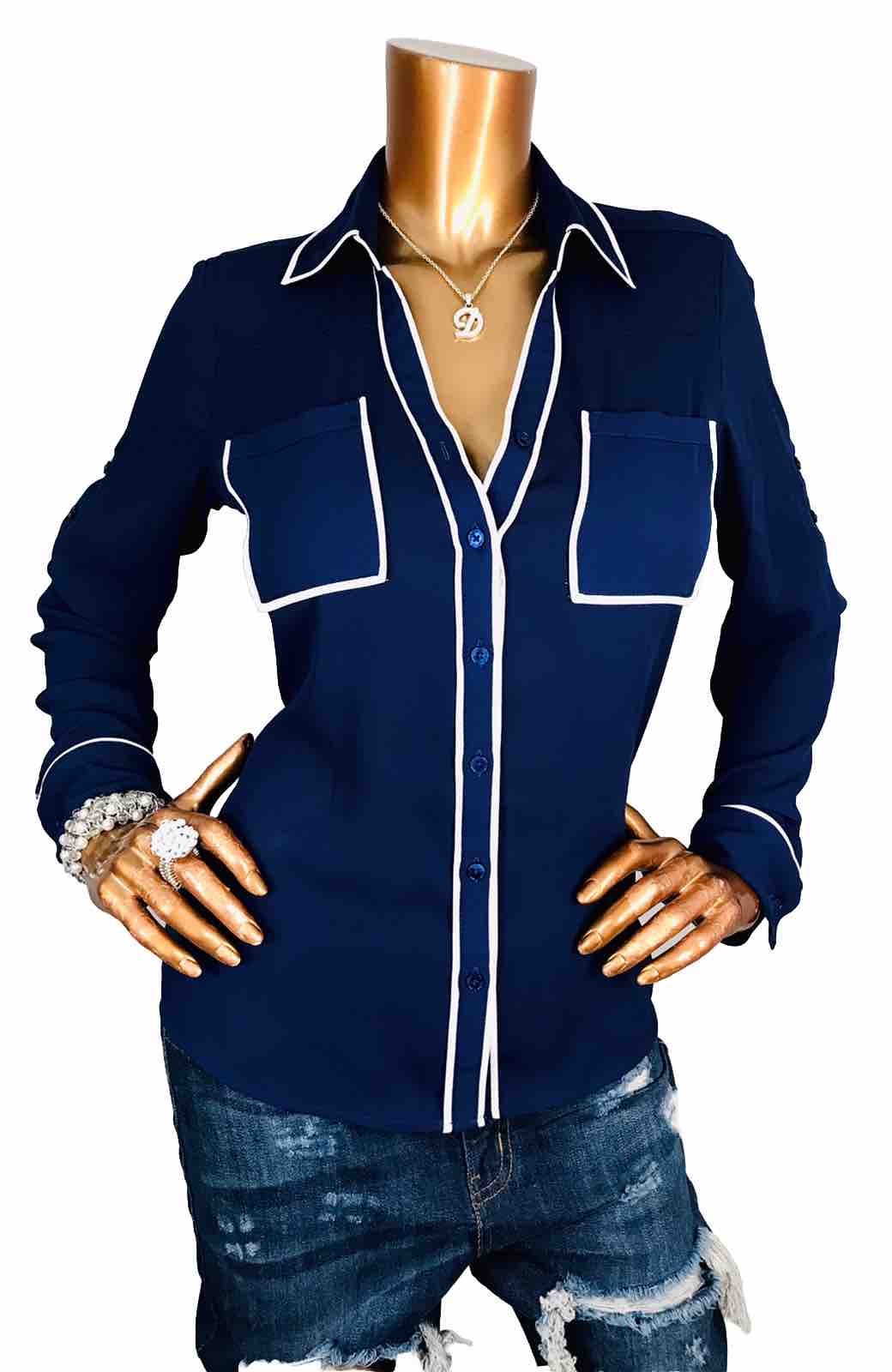 Express Portofino S Top Navy White Logo Button Up Shirt Long Sleeves Low Cut