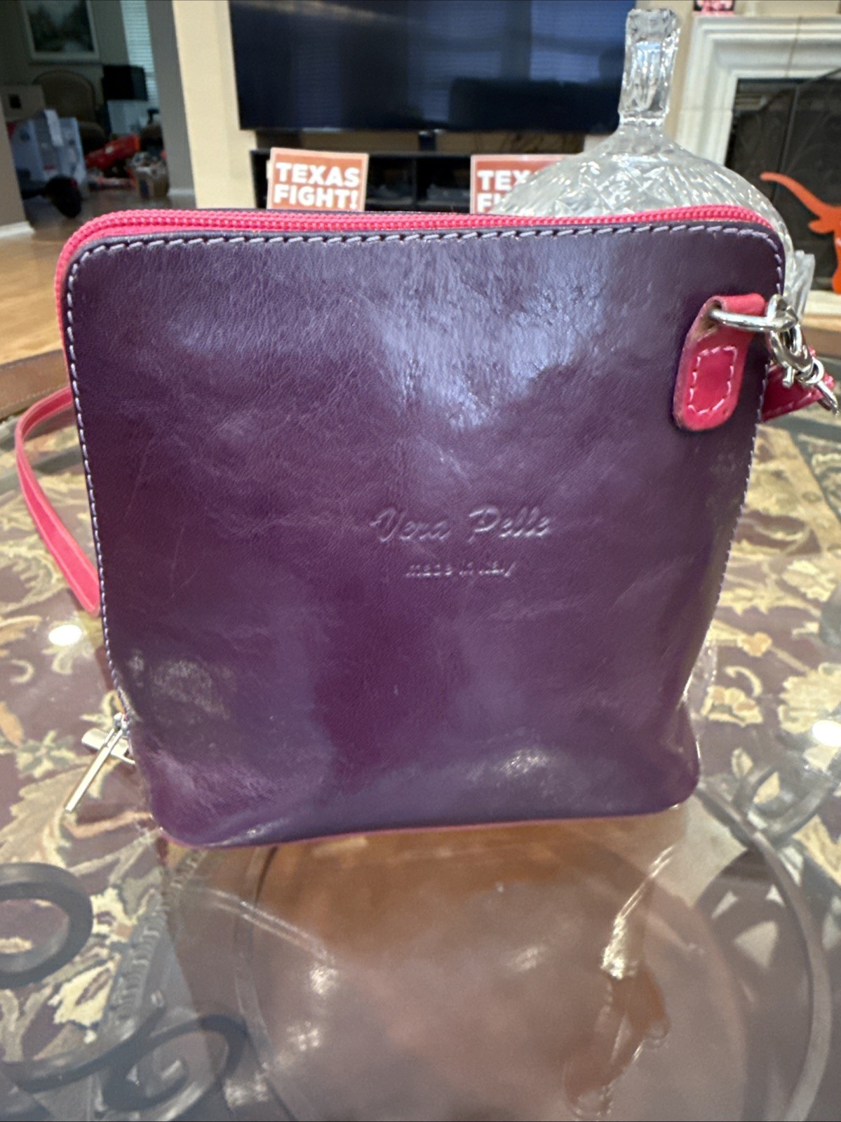 Vera Pelle Italian Leather Fuschia/Purple Crossbody Bag Adjustable Strap