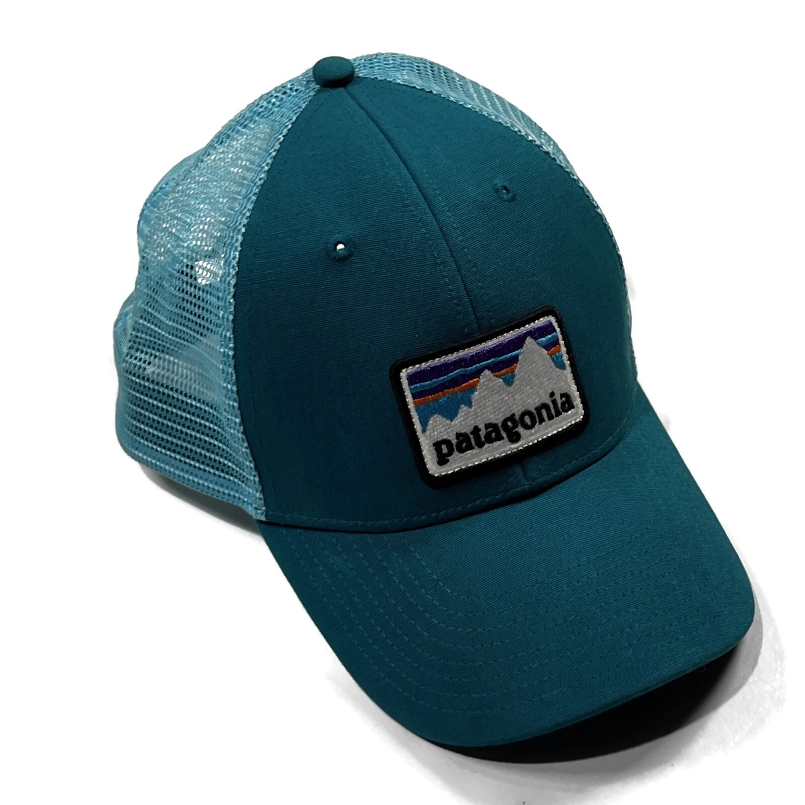 Patagonia Shop Sticker Patch Lopro Trucker Hat Snapback Blue Green Mesh 2017