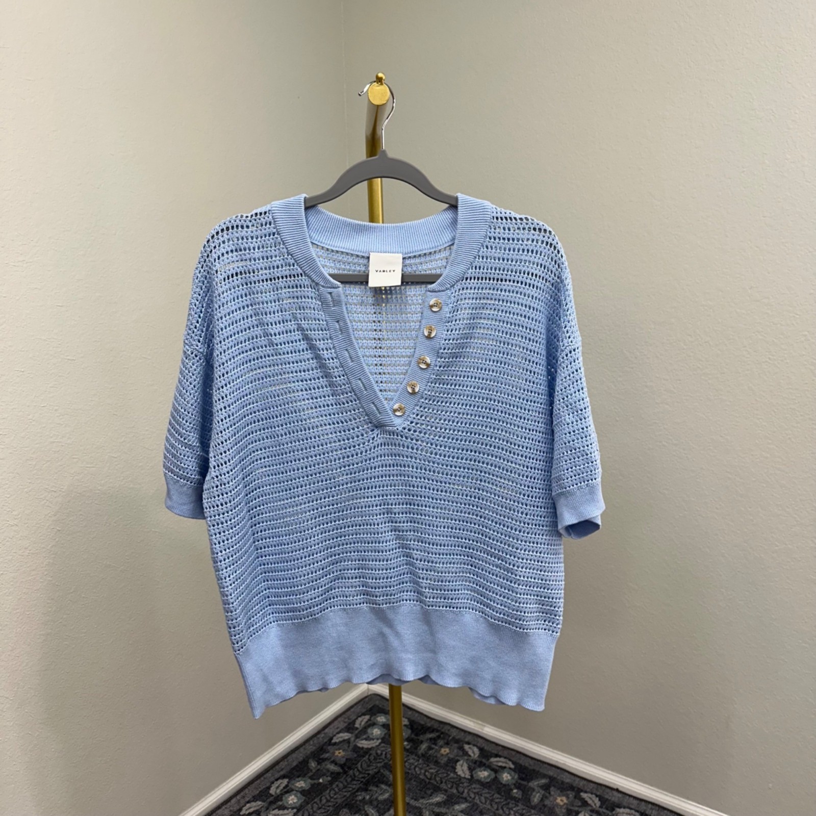 Varley Blue Callie Open Knit Cotton Short Sleeve Sweater Shirt Womens Size XL