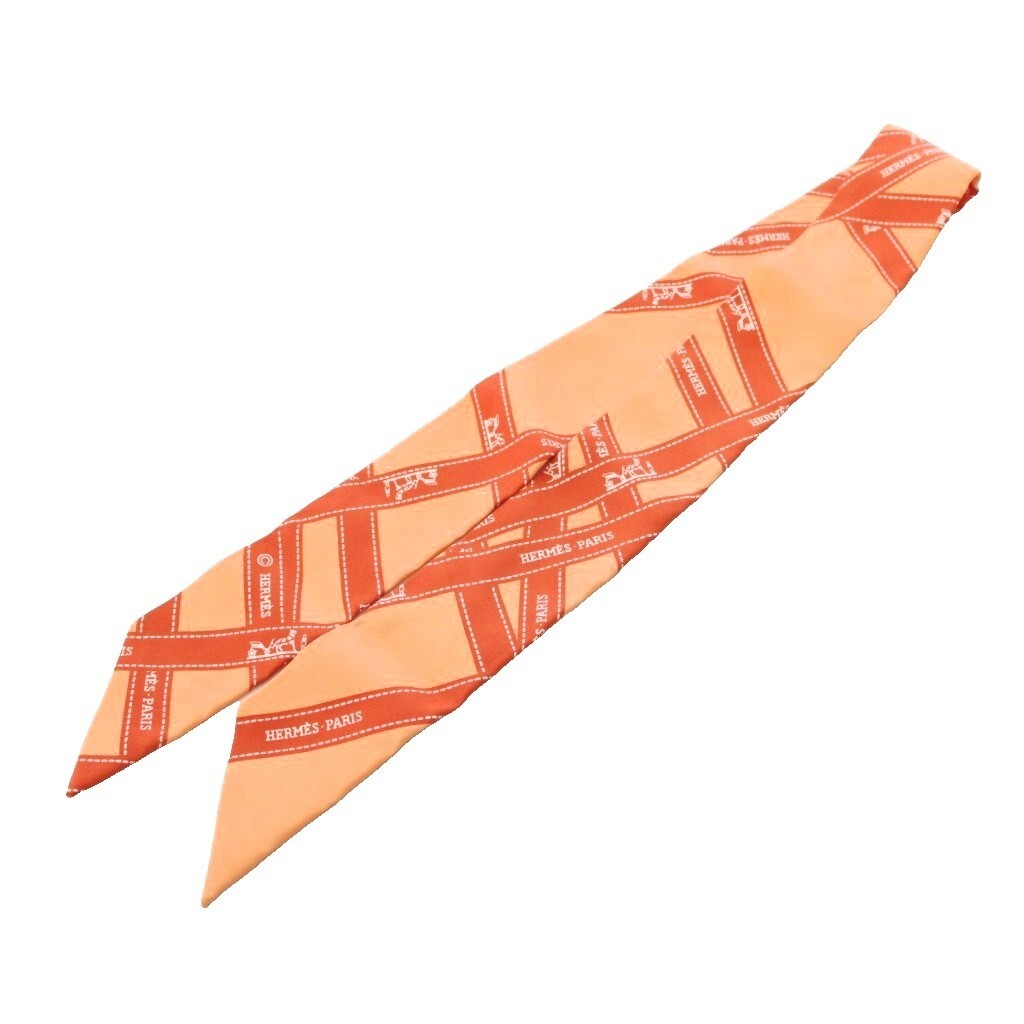 Hermes Twilly Bolduc Au Carre Scarf AN75 Silk Orange 82cm Length 4.8cm Width