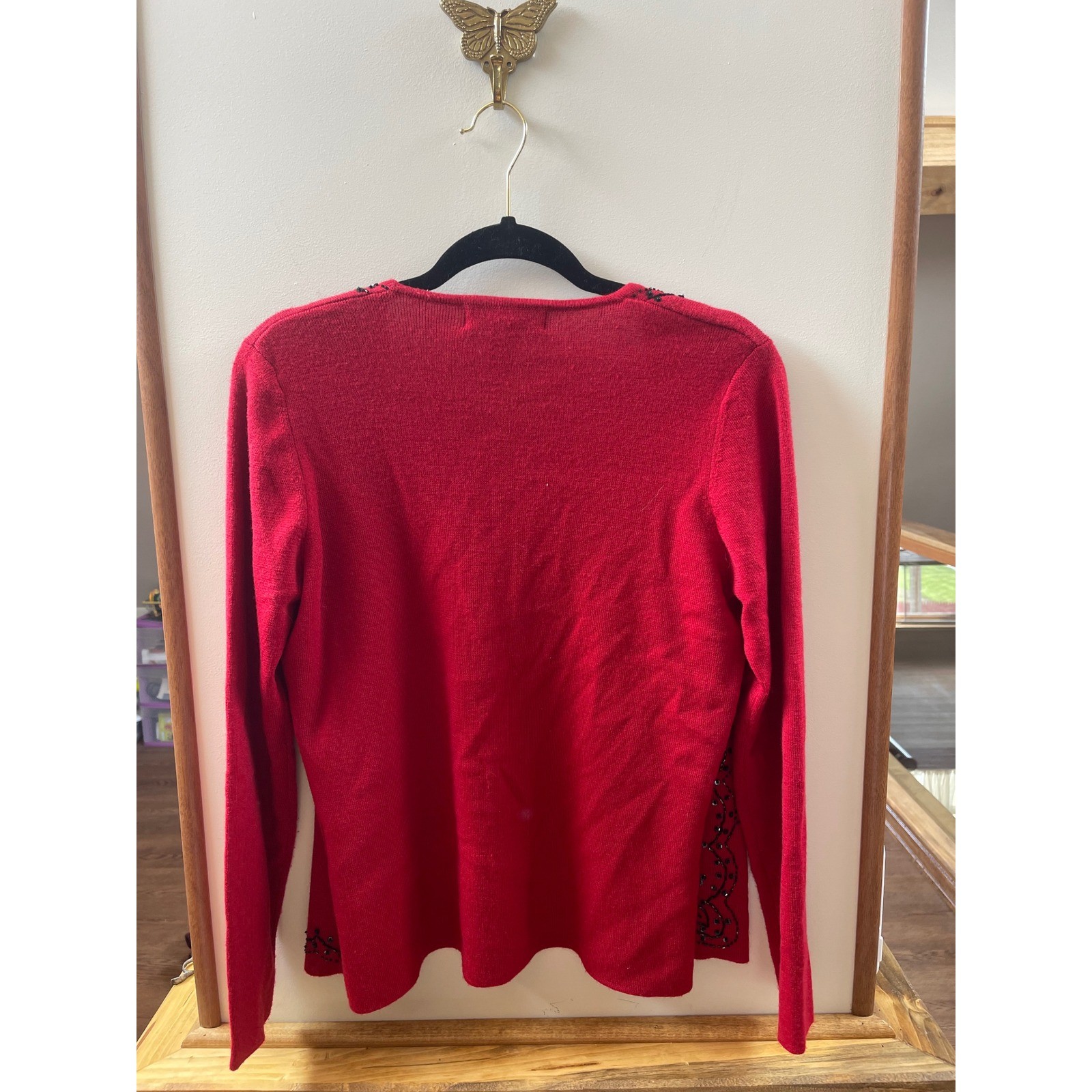 Casual Corner Red Merino Wool Blend Beaded Floral Cardigan Sweater Womens Small