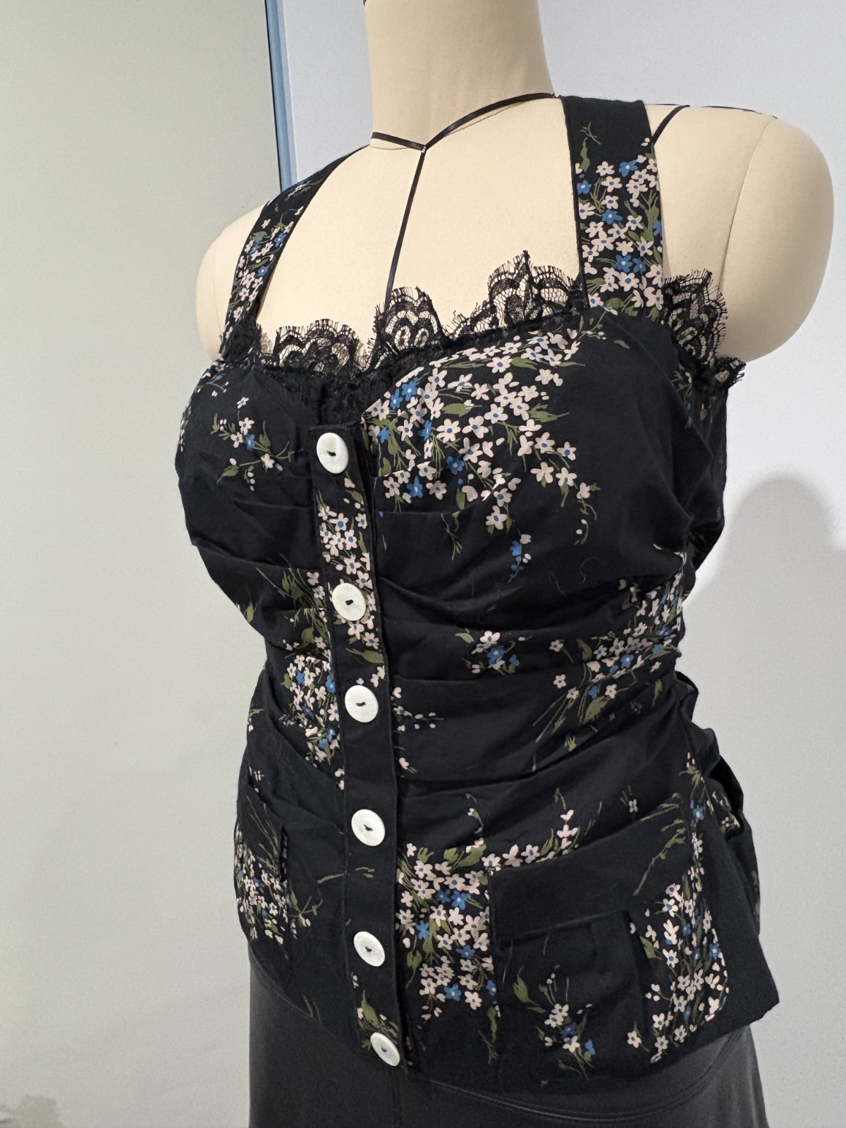 BNWT Dolce & Gabbana Black Floral Print Cross Back Lace Trim Corset – Size IT 44