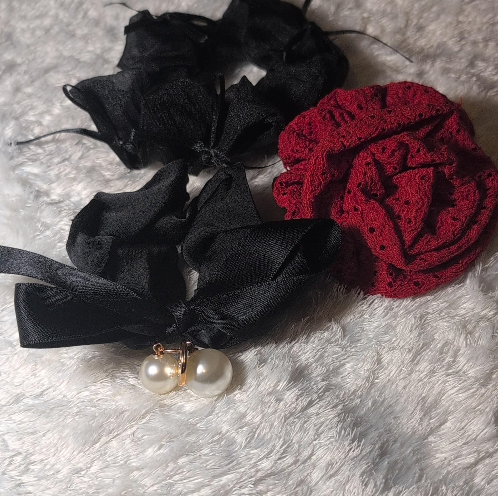 Black Red Satin Fabric Hair Ties Set with Bow and Beaded Accents