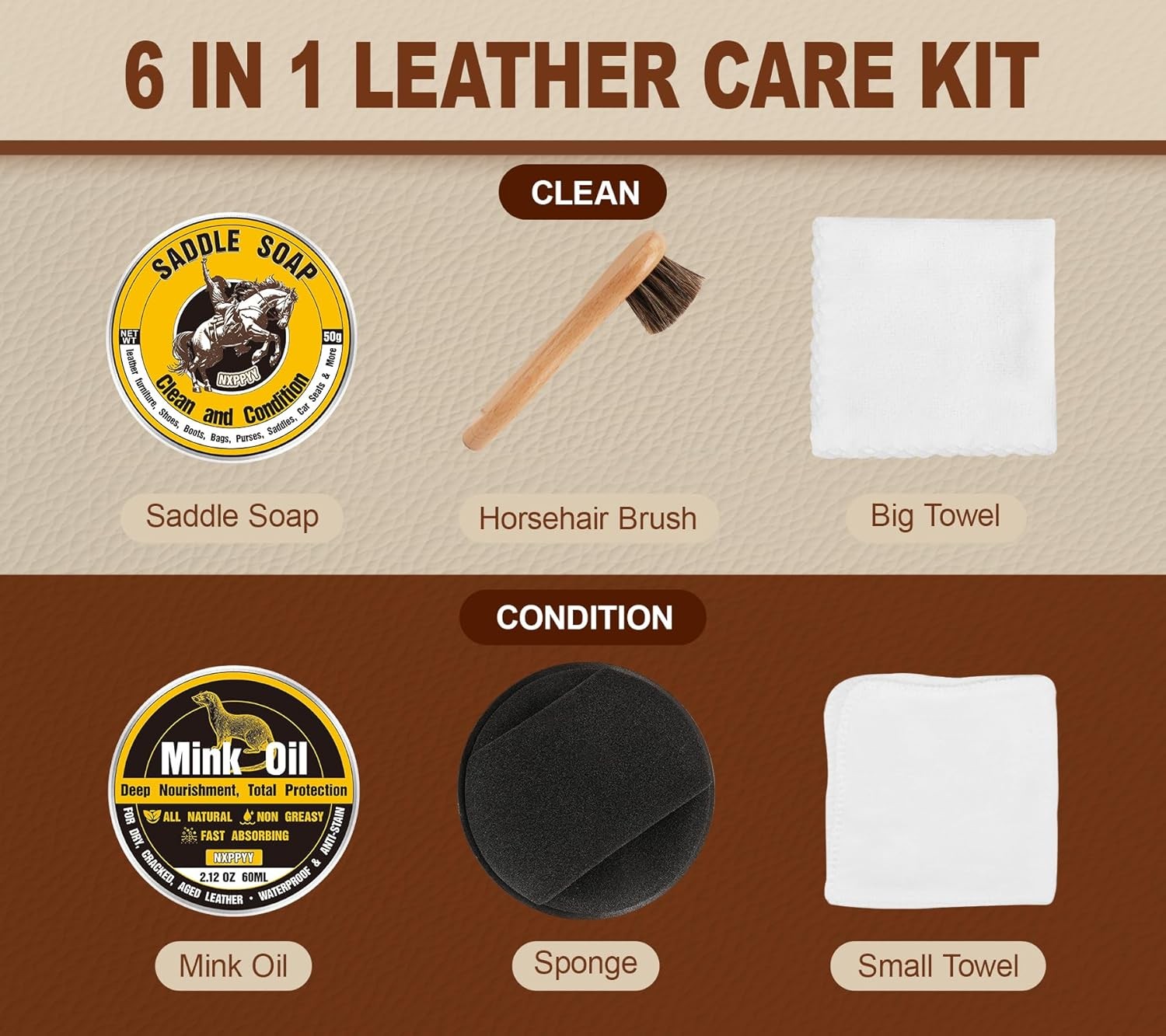 6-in-1 Leather Boot Care Kit – Mink Oil & Saddle Soap Cleaner for Shoes & Bags