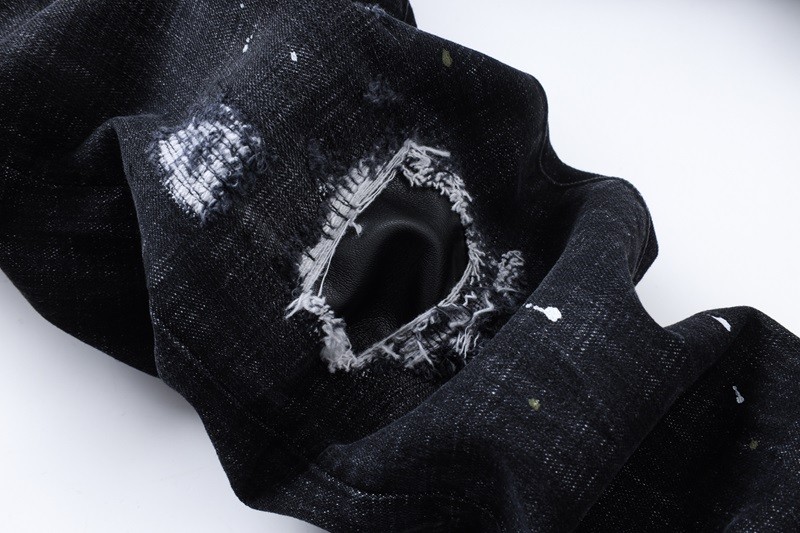 Men’s Punk Ripped PU Patch Slim fit Jeans Retro Classic High Quality Black Pants