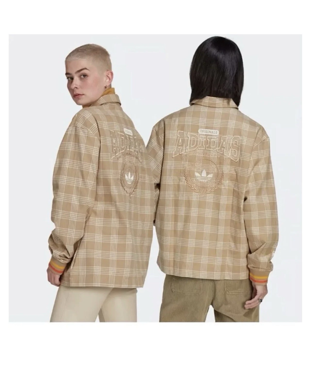 adidas Originals Plaid Coach Jacket Beige White Embroidered Logo Men Size M