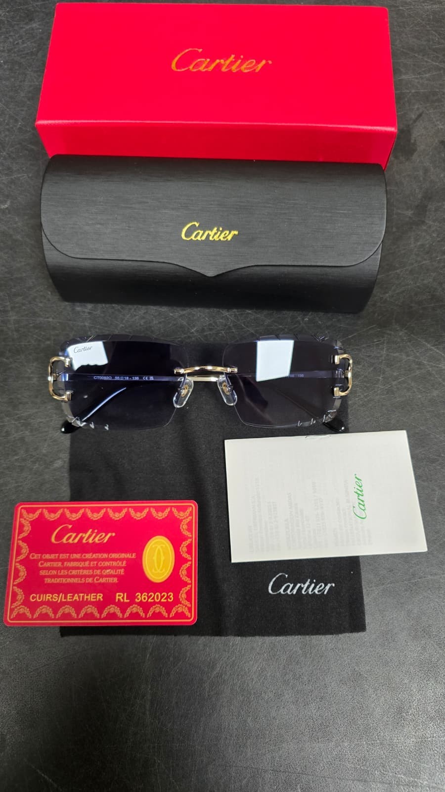 Cartier Big C Diamond Cut Red to Blue Fade Frameless Lens Gold Frame Big Box Ed.
