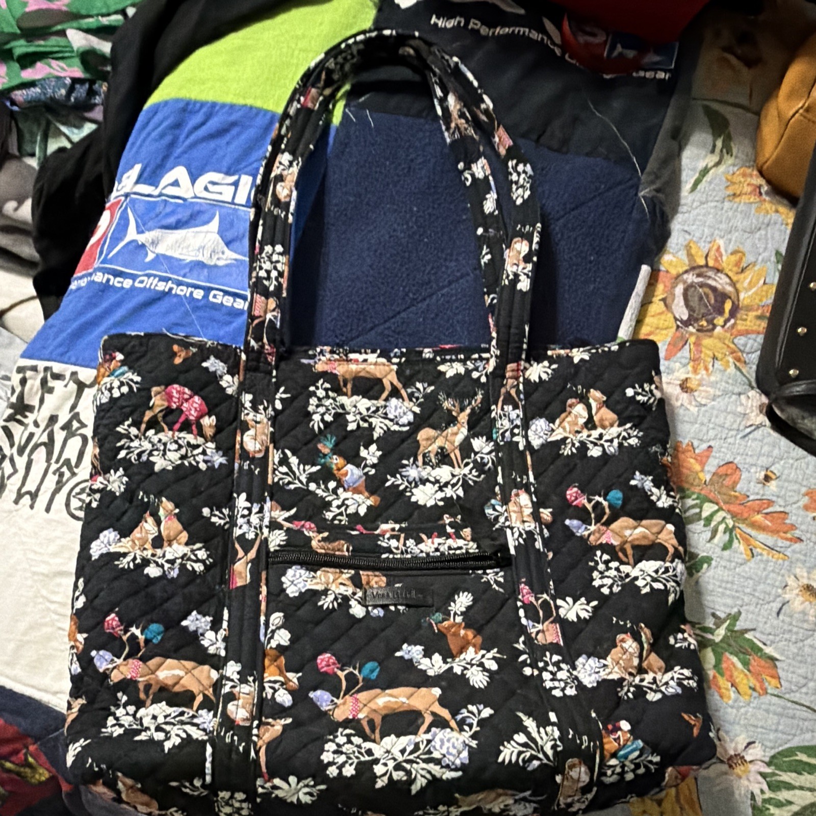 Vera Bradley Black Multicolor Floral Deer Tote Bag Zip Closure Pockets Lined