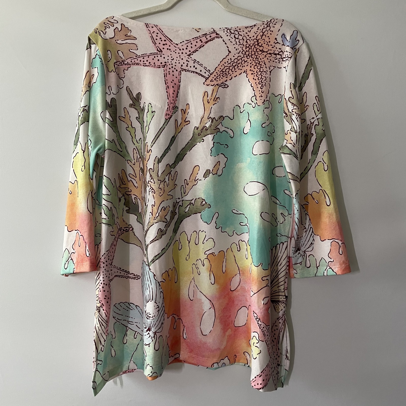 Soft Surroundings Tunic Top 3/4 Sleeve Ocean Theme Pink Multicolor Size L -C