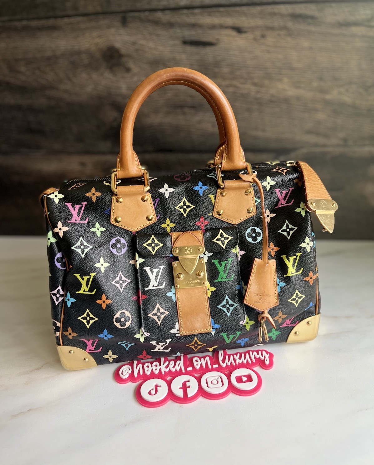 Authentic Louis Vuitton Takashi Murakami Black Multicolor Speedy 30 Handbag Tote