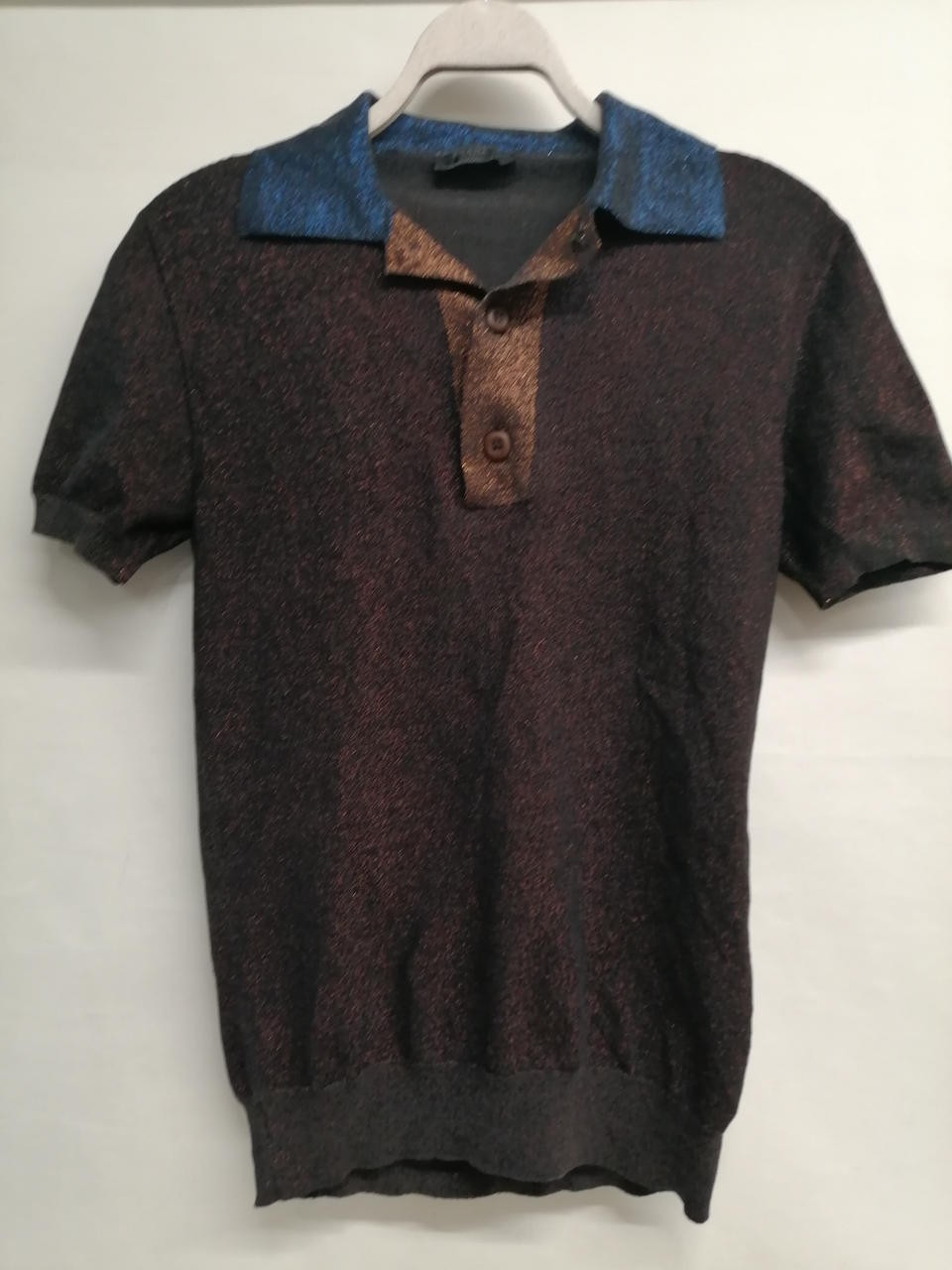 Prada BRN Lame Knit Polo Shirt Women Cardigan Top 44 24in