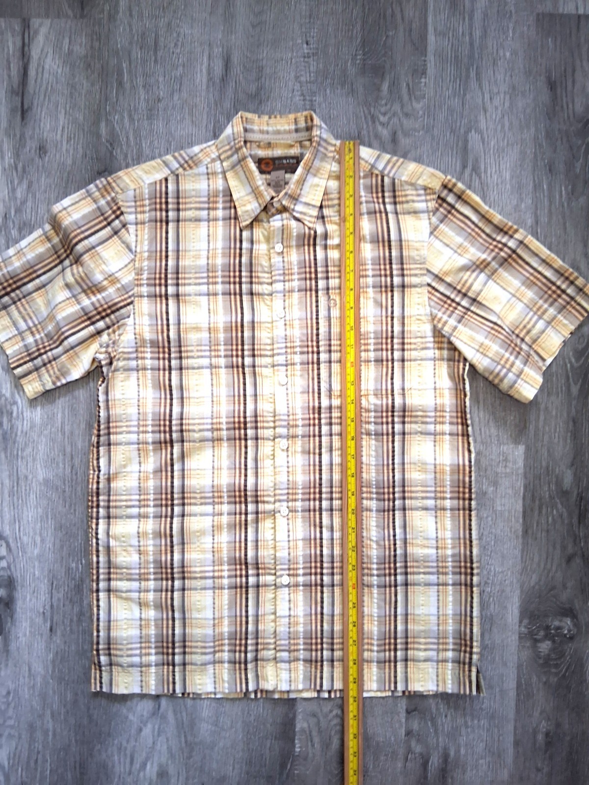 GH Bass Earth Men’s Small Yellow Plaid Seersucker Short Sleeve Button Up Shirt