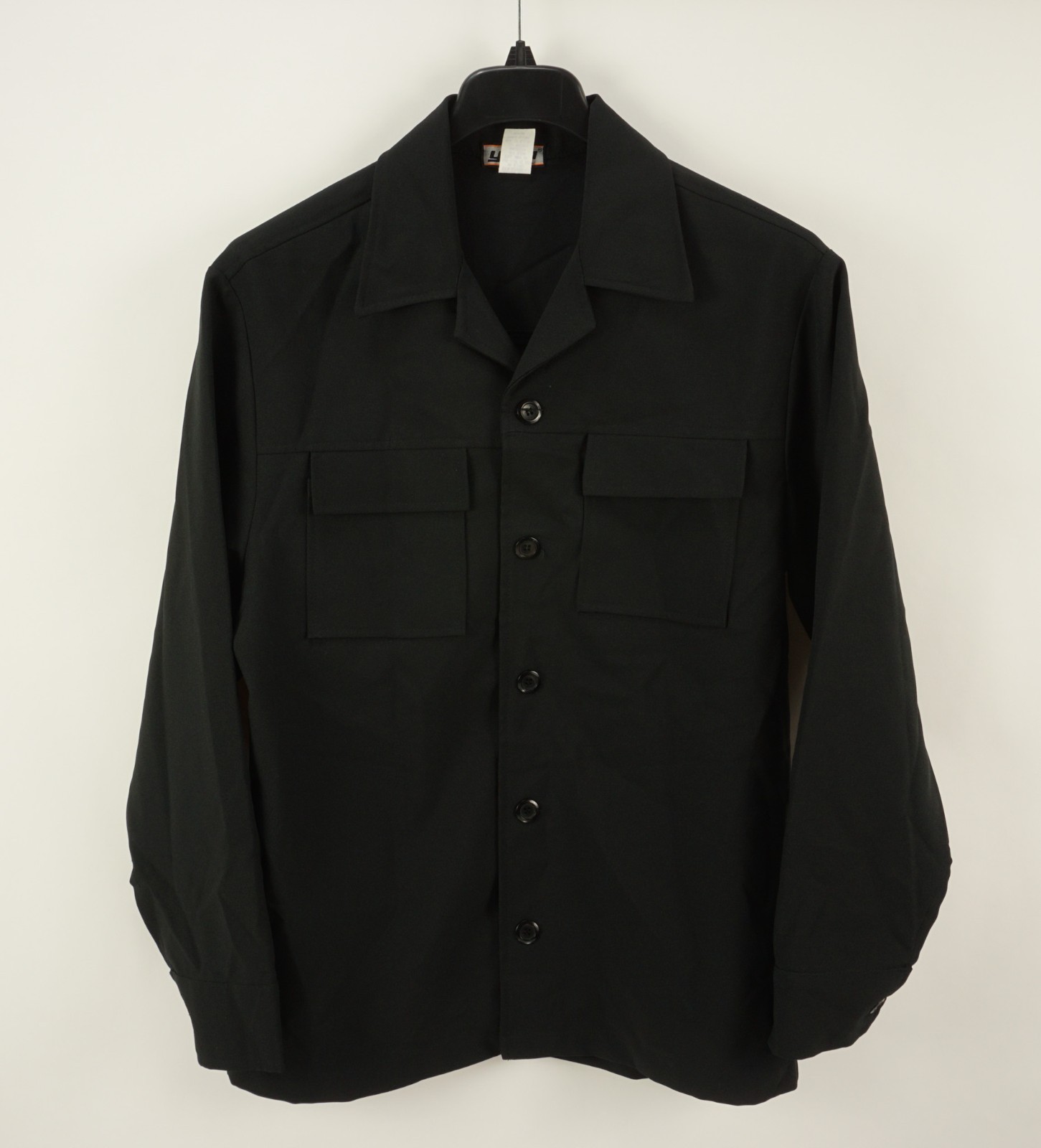 Vintage 1980s YMLA Open Collar Camp Shirt Jacket Mens Medium Black Woven Stretch
