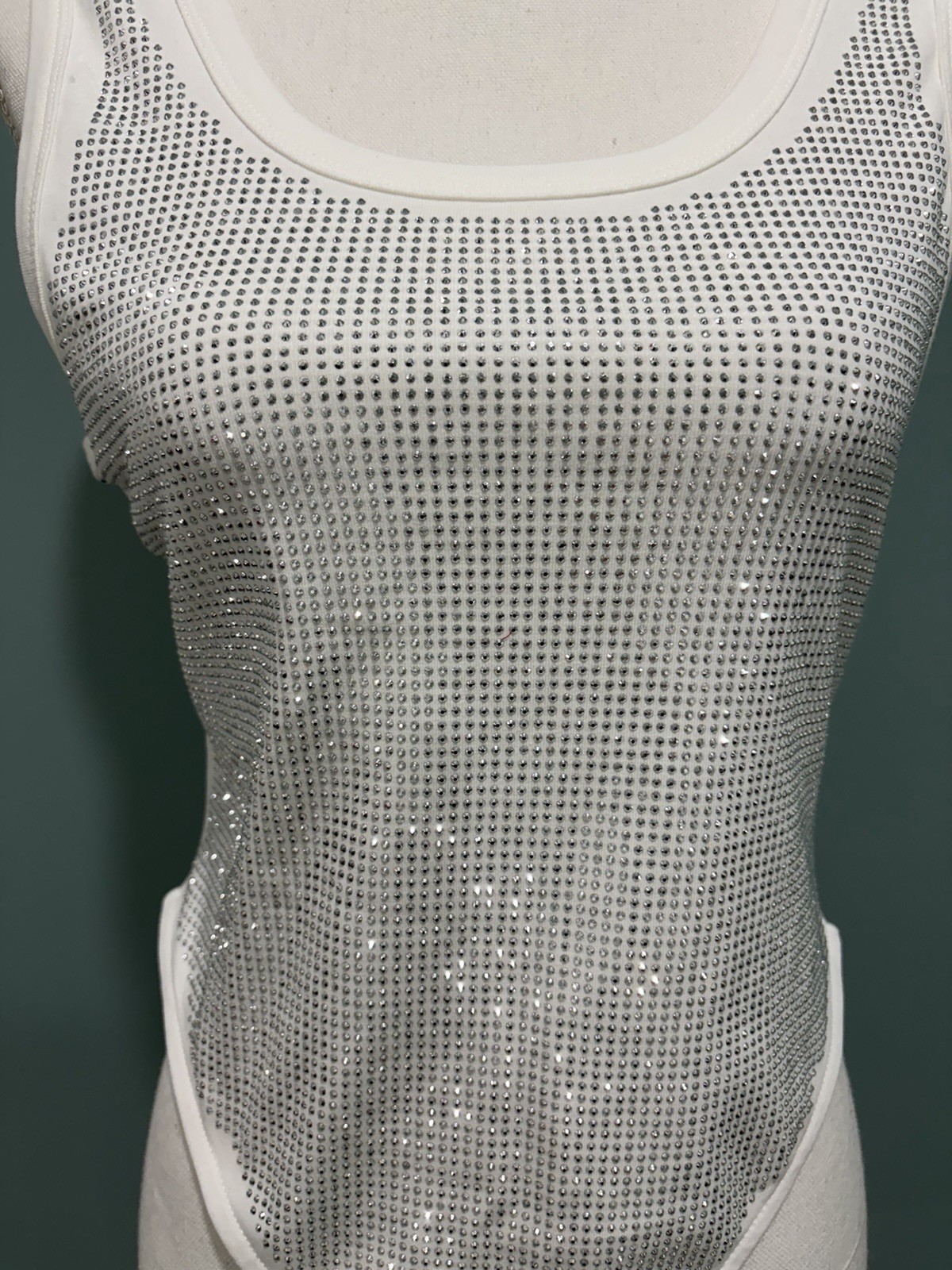 NWT L.C. White Thong Bodysuit Tank top W/Silver Rhinestones , Size XL