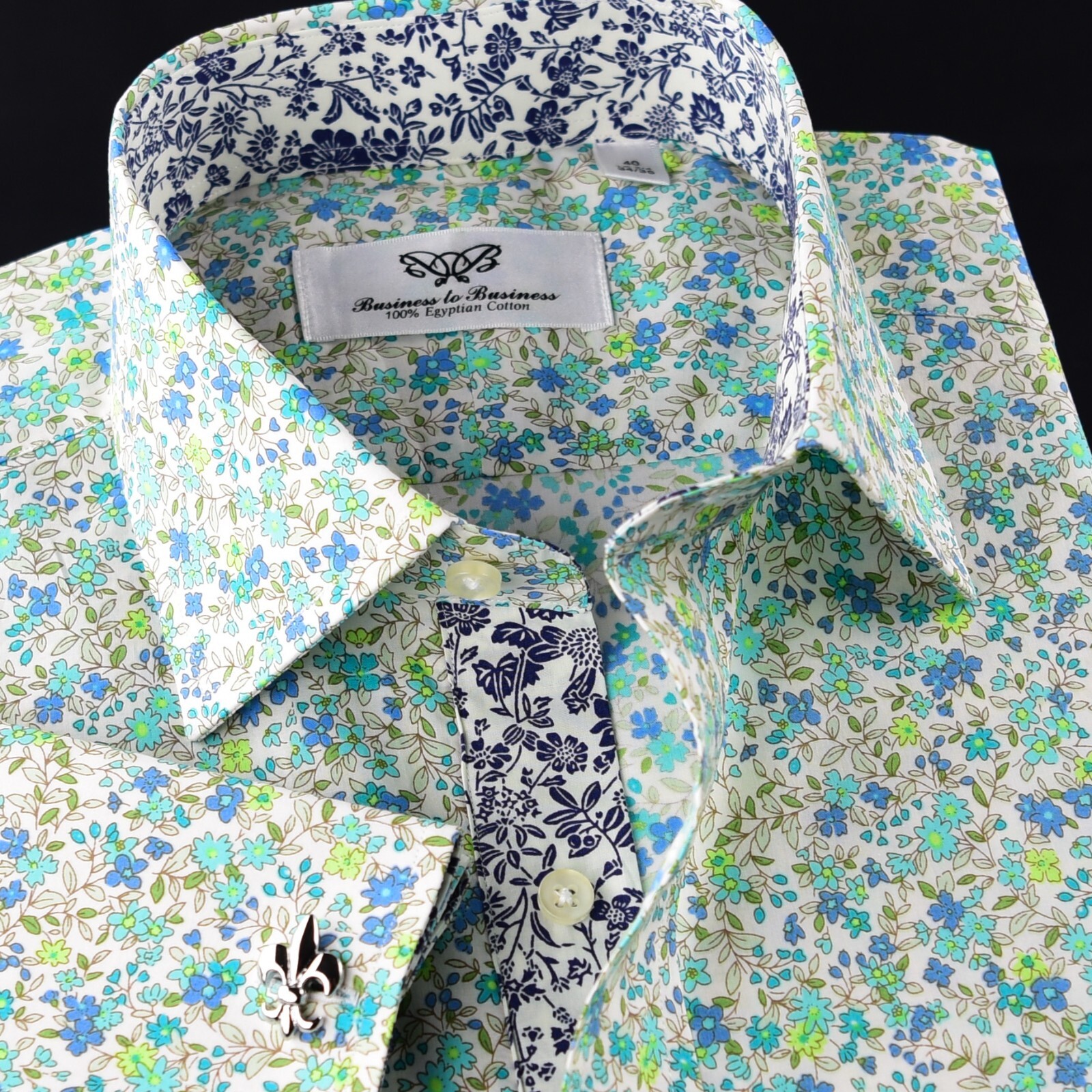 Elegant Green Flower Print Fabric Dress Shirt French Cuff For Holiday Wear