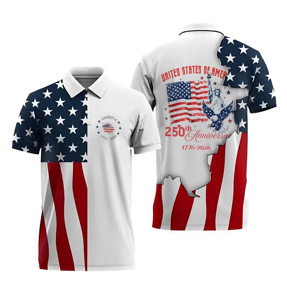 Custom Name 250th Anniversary American Flag Golf Polo Shirt Fullsize S-5XL