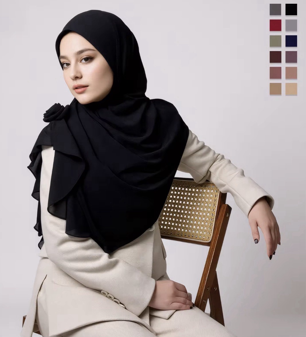 Women’s Black Solid Chiffon Hijab Headscarf Wrap Scarf with Bow Accent