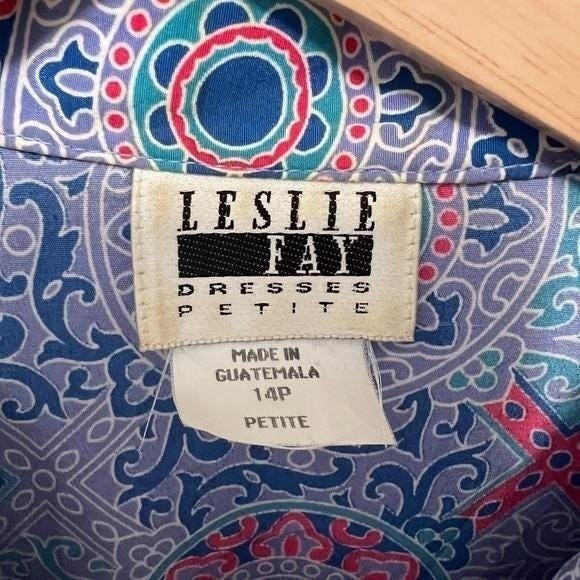 80s Vintage Leslie Fay Shirtwaist Dress Size 14P Pleated Bohemian Medallion