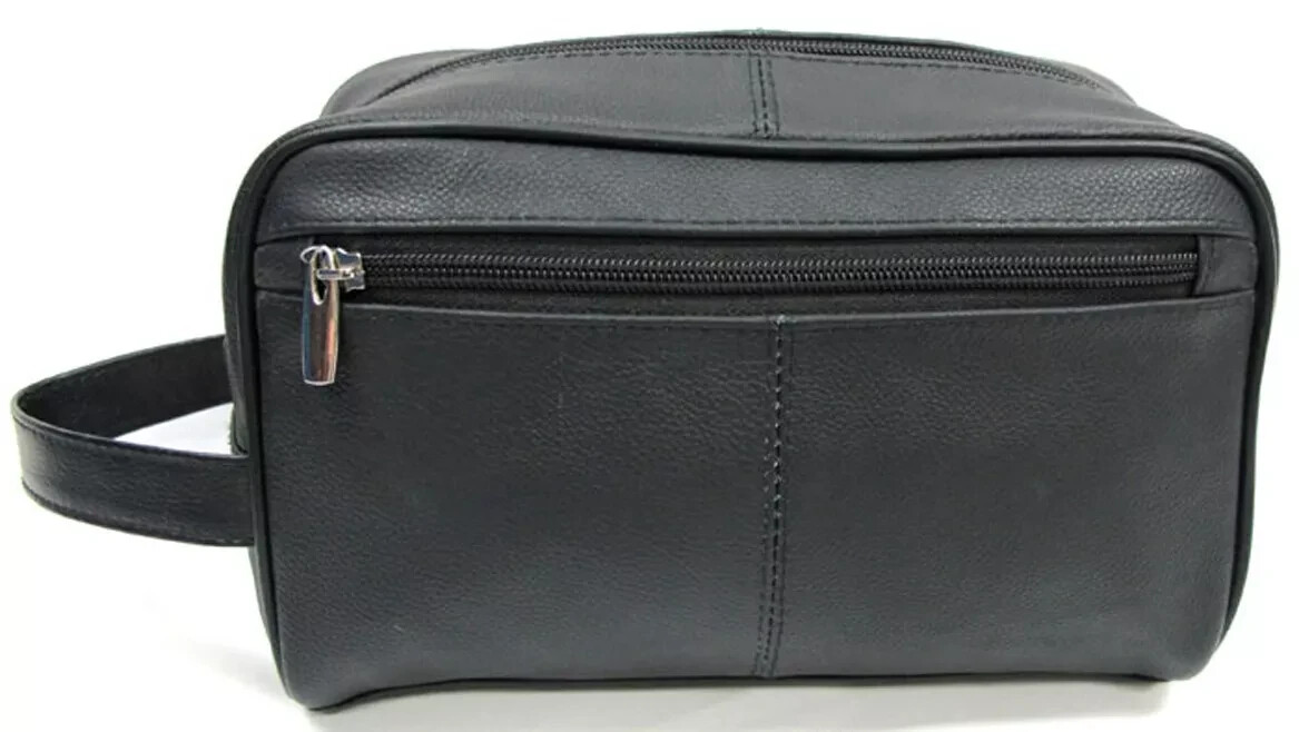 Quality Genuine Cow Leather Men’s Shaving Toiletry and Travel Bag 3 Zipper Black