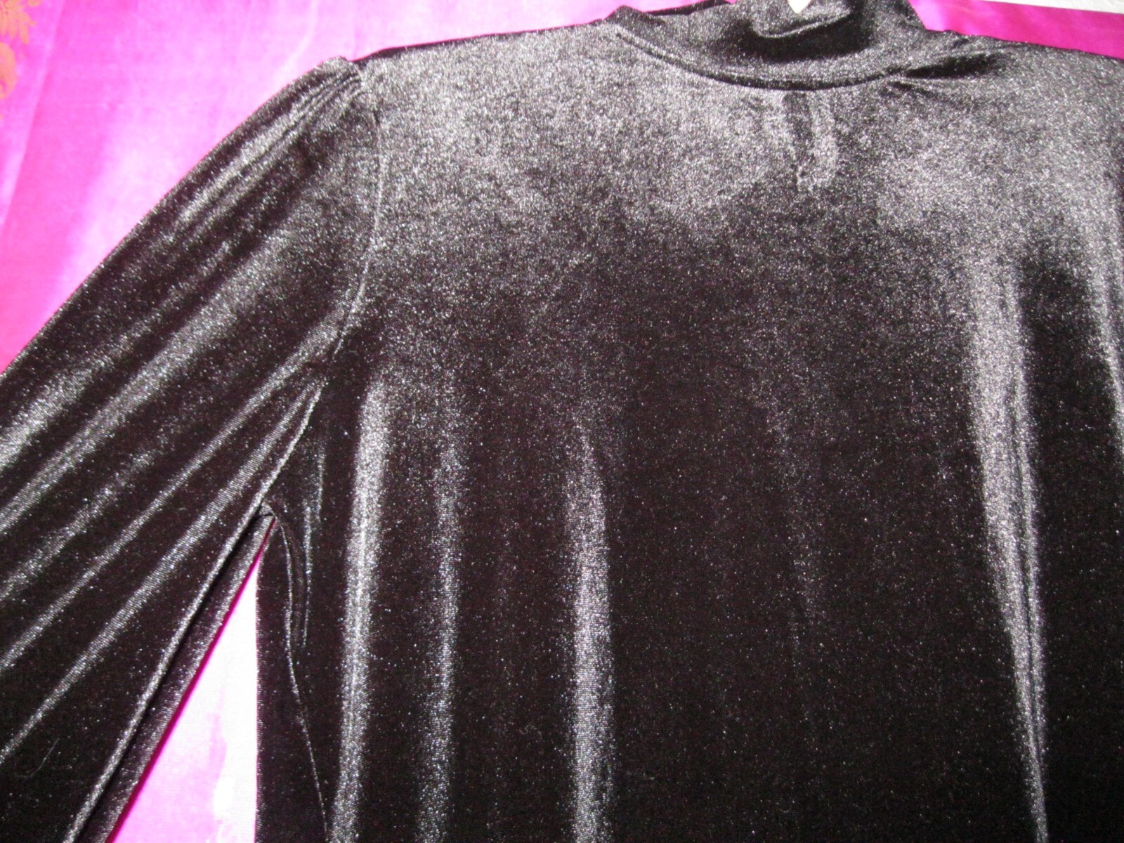SUZANNE BETRO LABEL,BLACK VLEVET TOP W/ L/S & HIGH NECK, SZ M.,POLYESTER/SPANDEX
