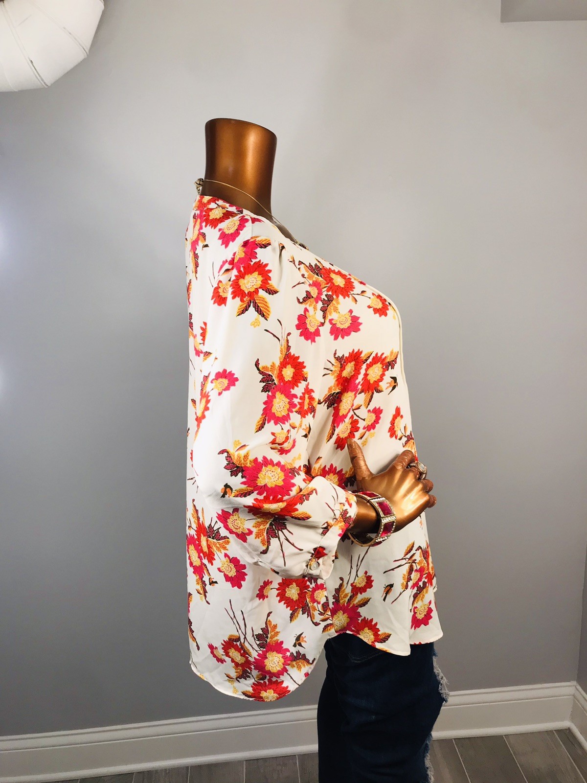 Rose + Olive 1X Plus Top Floral Fall Prints Low V Cut 1/2 Button Up Shirt 3/4 Sl