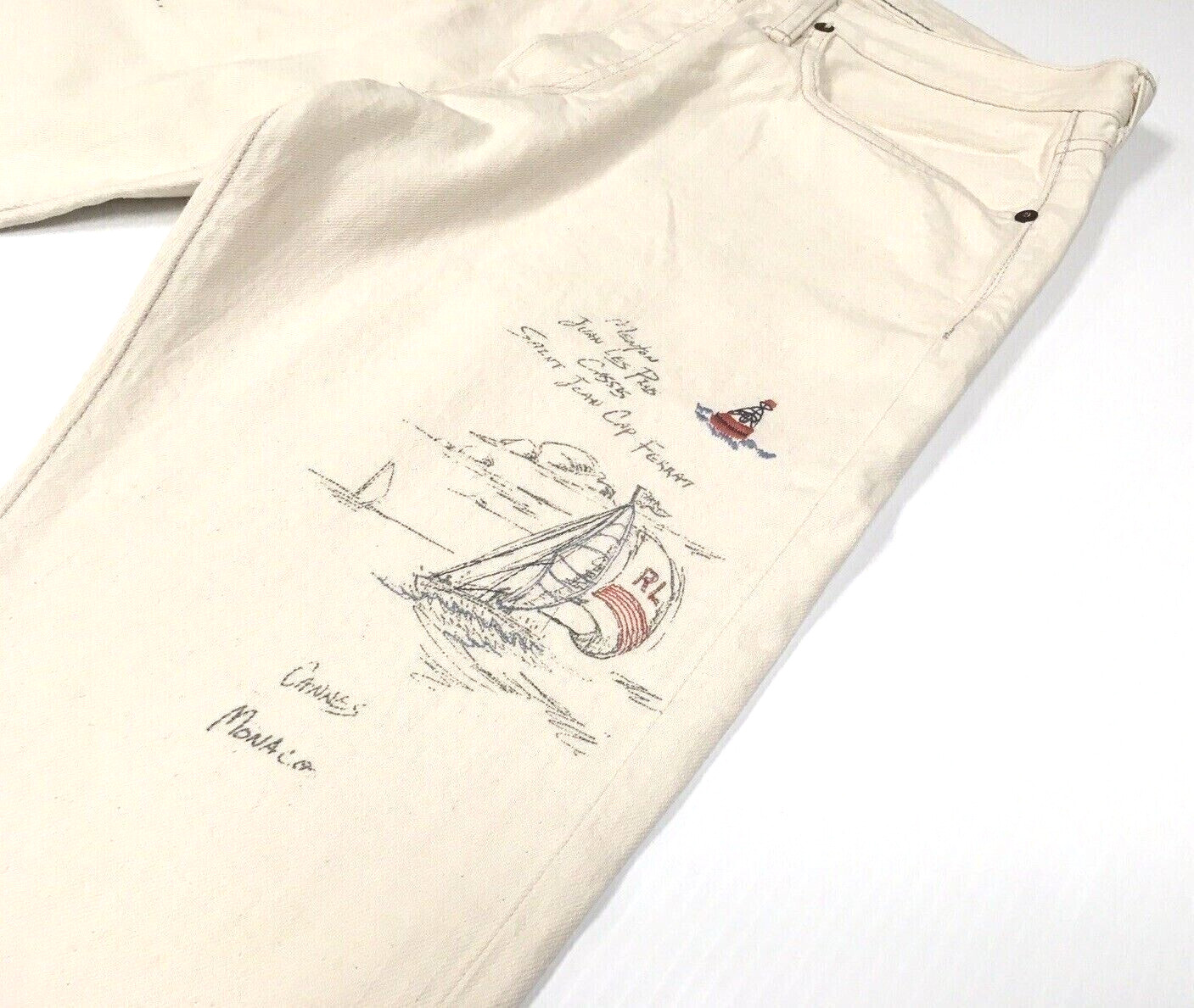 Polo Ralph Lauren Sailing Yacht Artist Artwork Pen Drawing Royal CP93 Slim Jeans