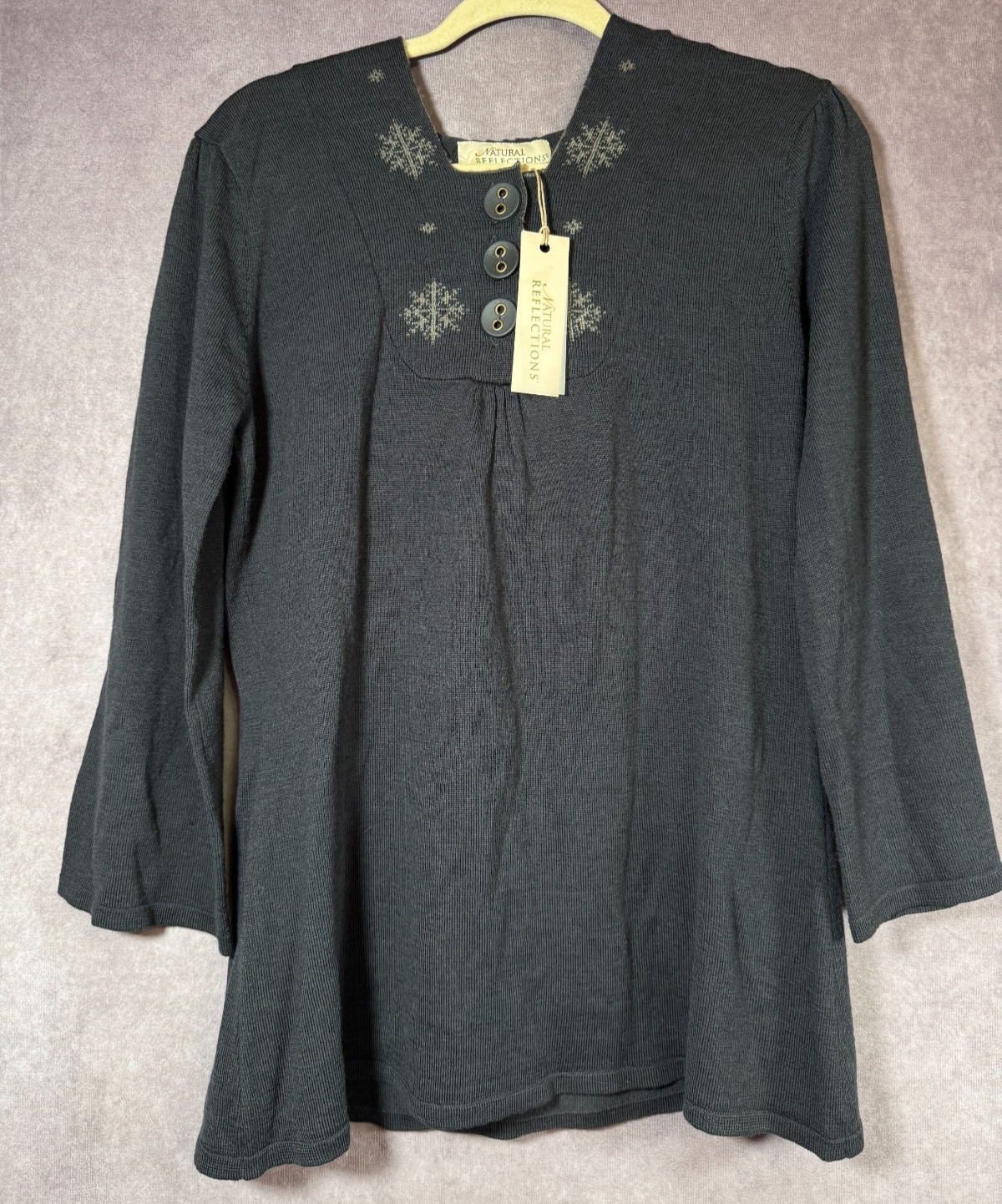New Natural Reflections Wool Blend Sweater Hooded Snowflakes Buttoned LARGE