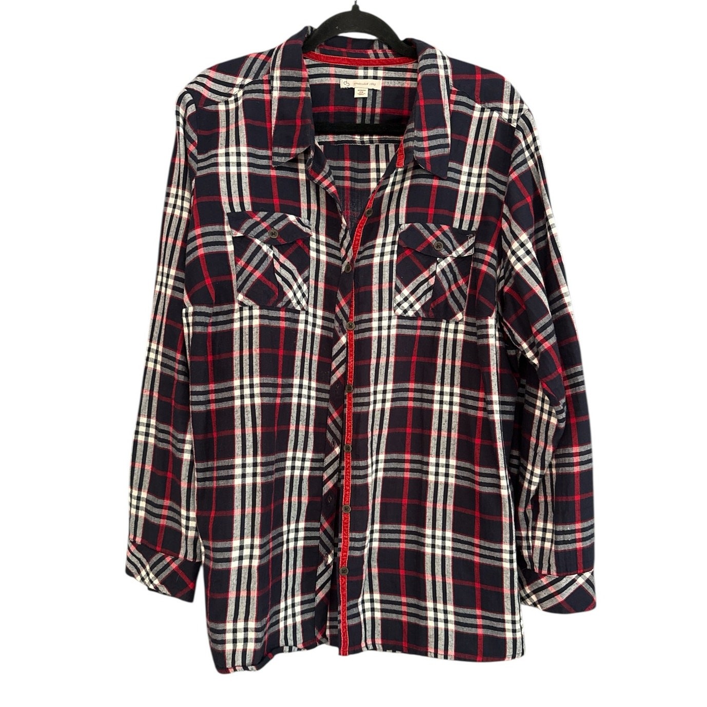 Est 1962 Plaid Button Up Classic Fall LS Top Blouse 2X Black Red Preppy