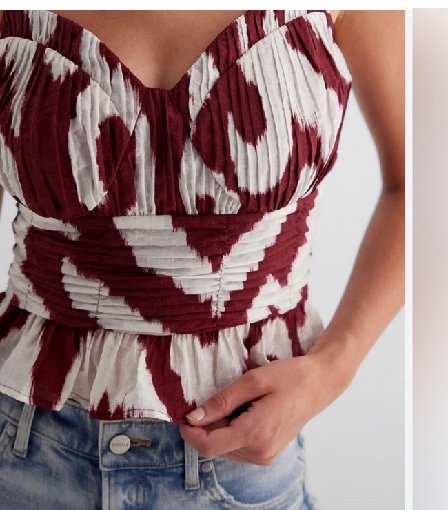 Express Maroon And White Peplum Strapless Blouse Small Smocked Adjustable Straps