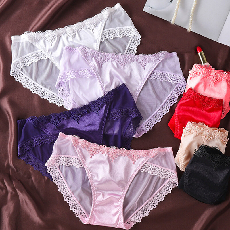 2 Pairs Ladies Sexy Underwear Silk Satin Seamless Lace Briefs Knickers Panties