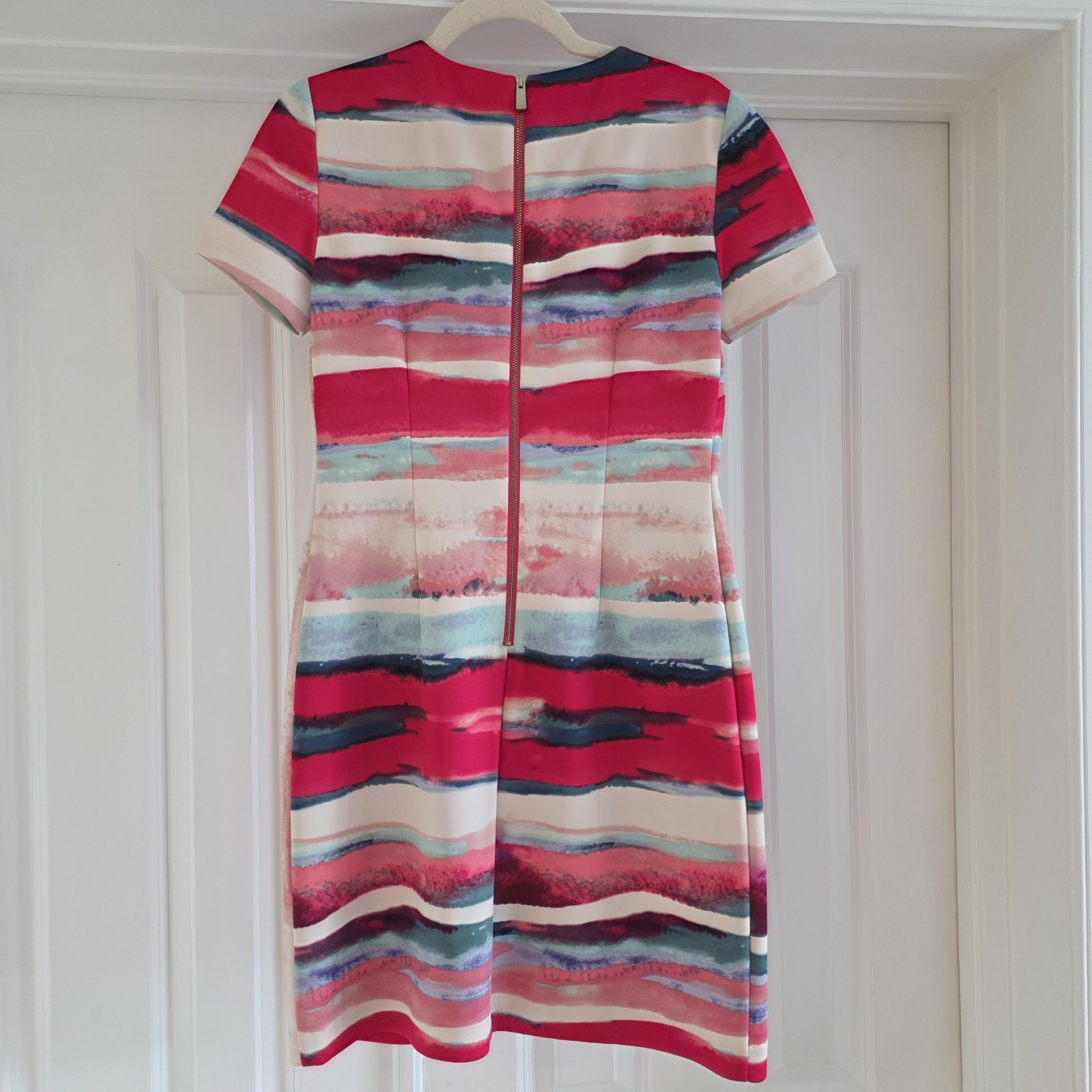 Vince Camuto Striped Sheath Dress Women’s 2 Pink White Blue Short Sleeve Zip