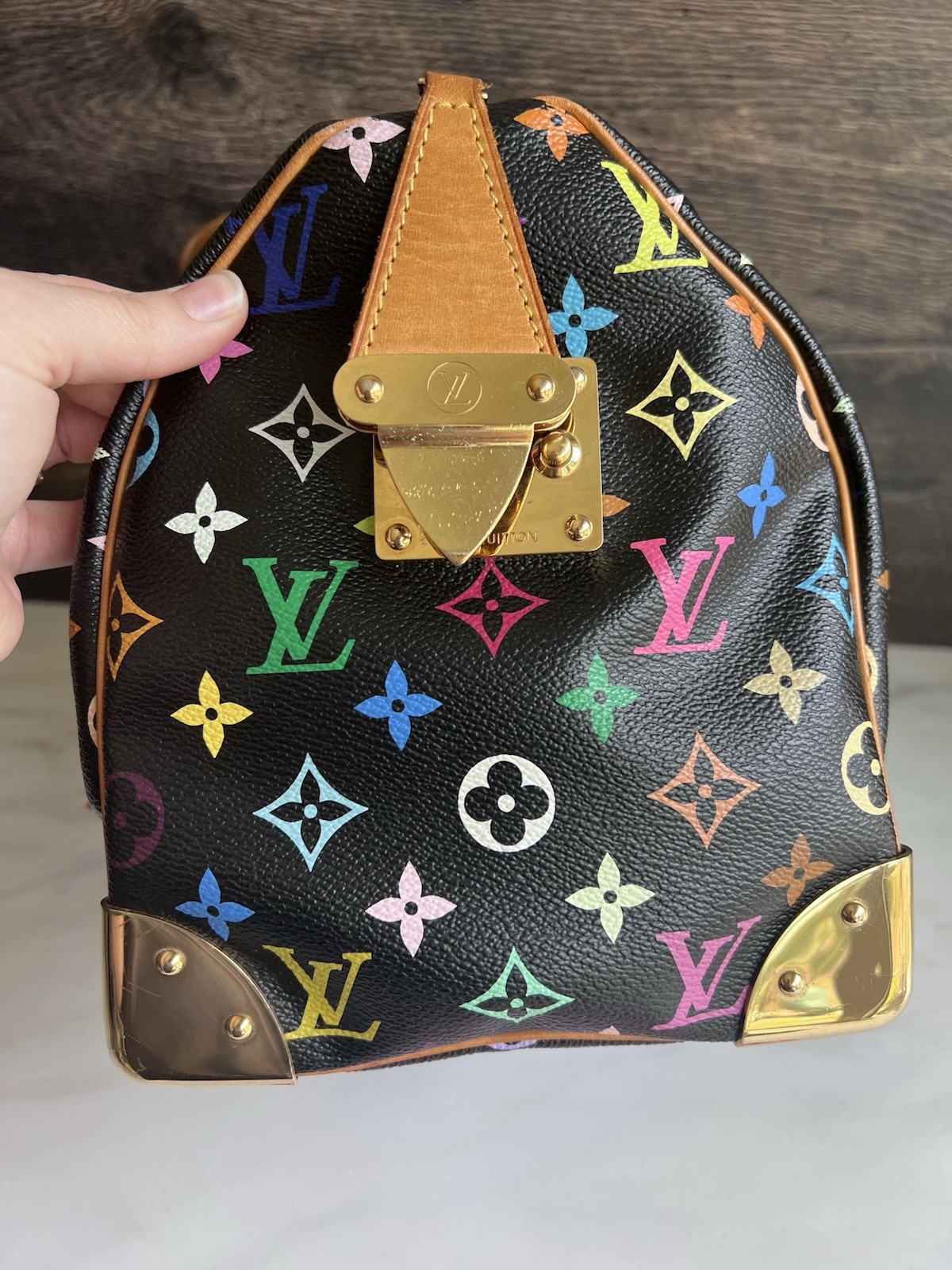 Authentic Louis Vuitton Takashi Murakami Black Multicolor Speedy 30 Handbag Tote