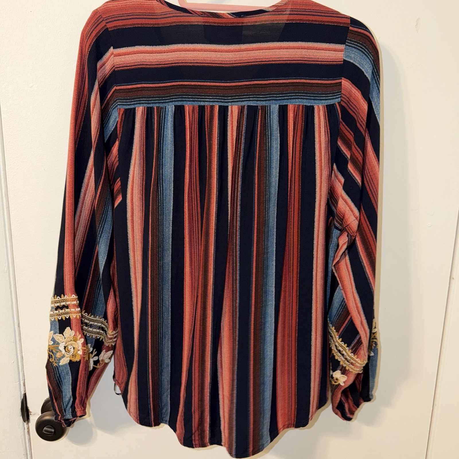 Savanna Jane Navy Multicolor Striped Floral Embroidered Top