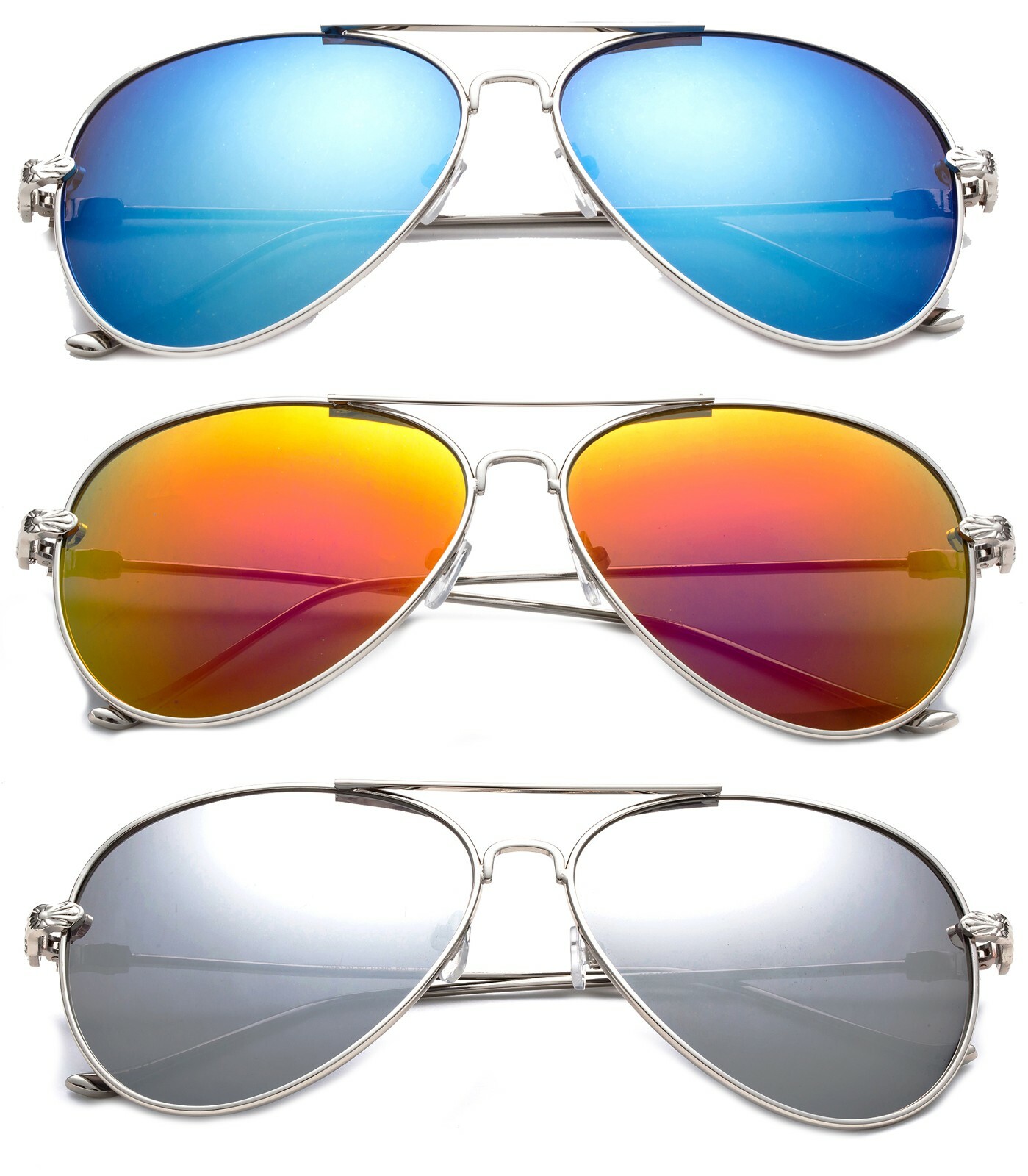 3 Pack Metal Rim Pilot Sunglasses for Men for Women, Flash Mirror Lens UV400