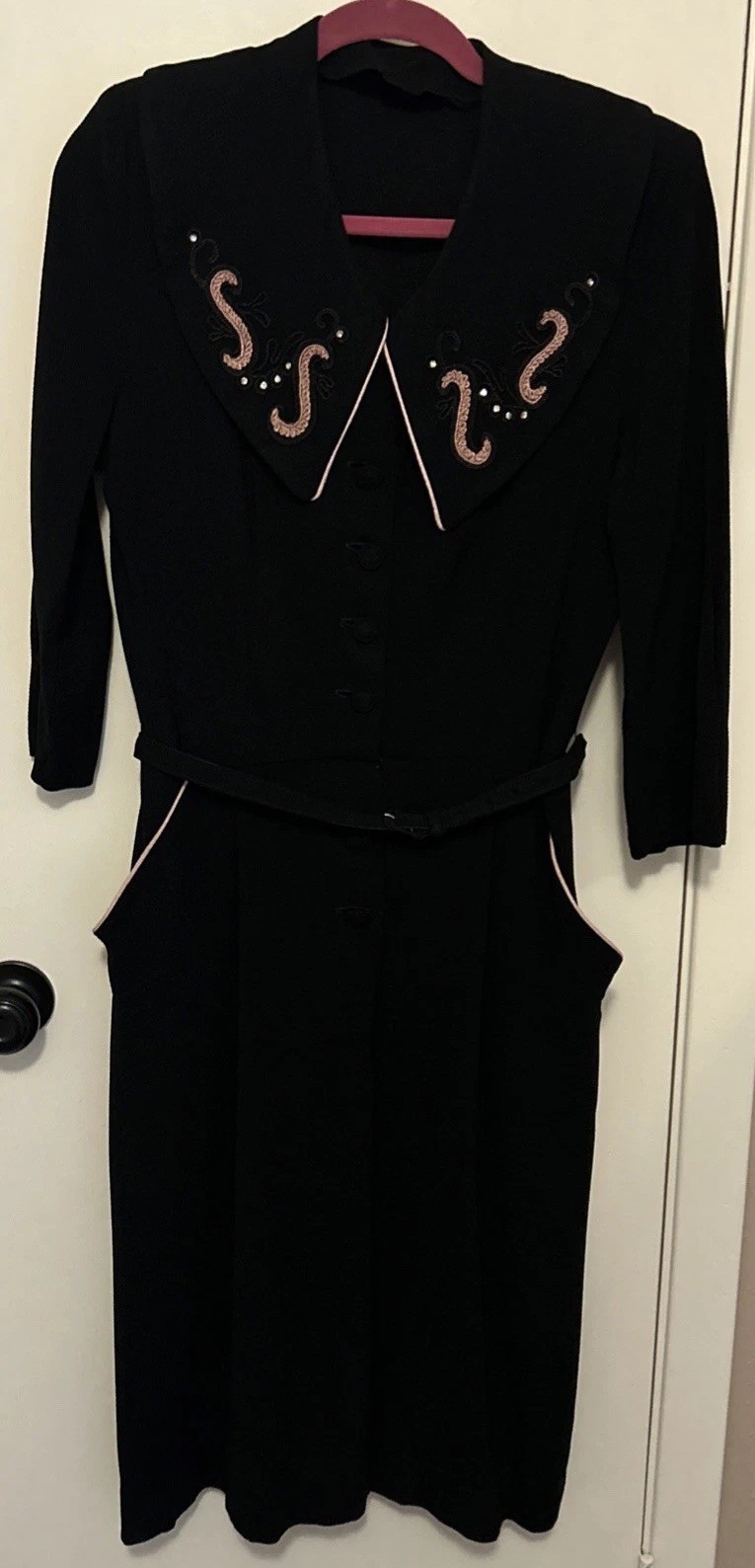 Vintage 50s 60s Belted Dress Black w/ Pink Piping Rhinestones Retro Rockabilly
