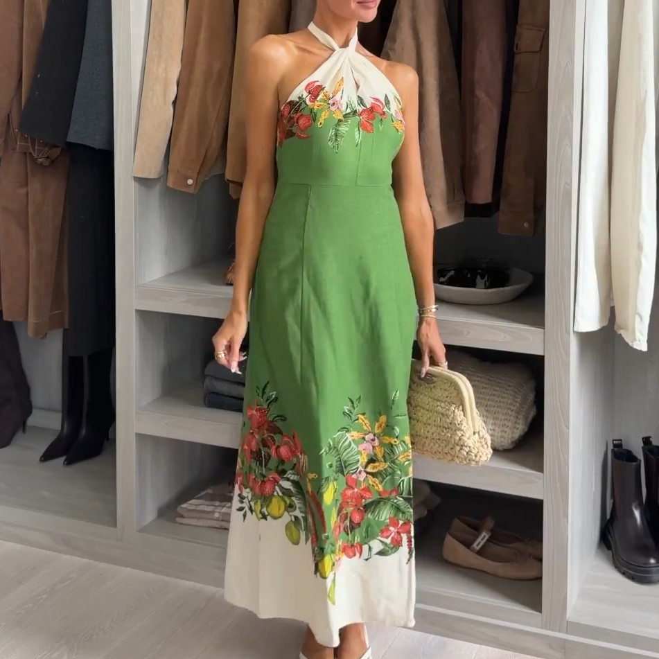 NWT H&M Linen-blend Halterneck Dress Green/flowers 1329753001 Sizes S, M, L