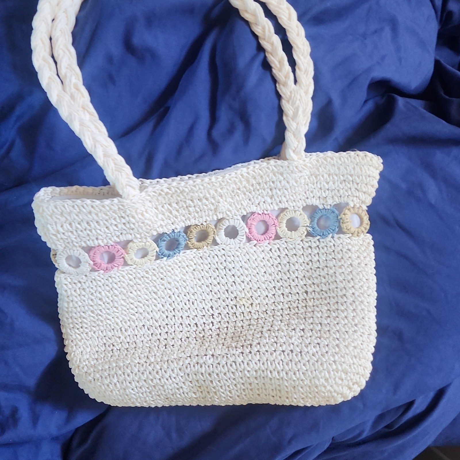 Women’s Crochet Tote Bag Lined Zip Closure Double Handles Solid White Multi
