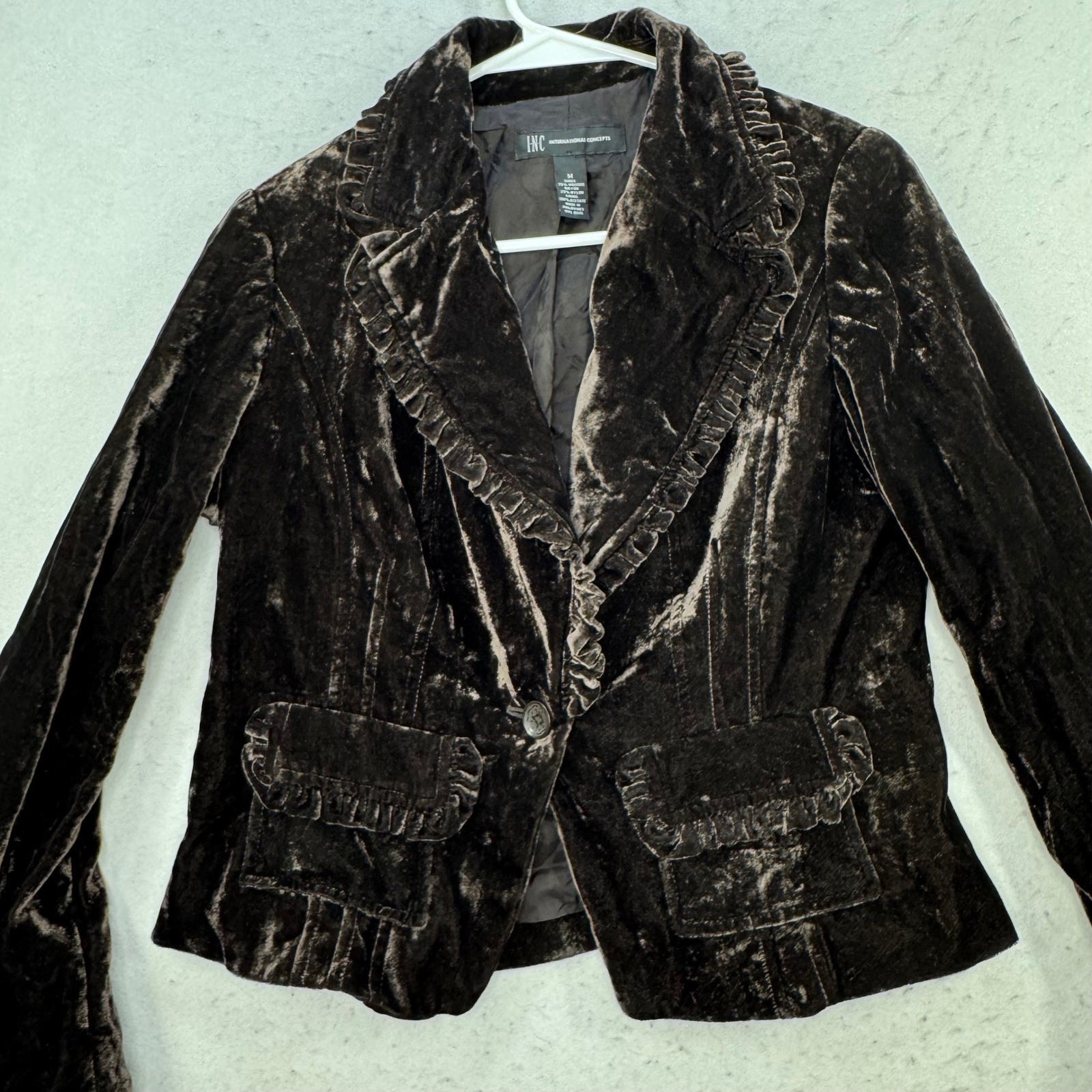 INC Velvet Blazer Womens Medium Brown Ruffle Trim Victorian Goth Jacket