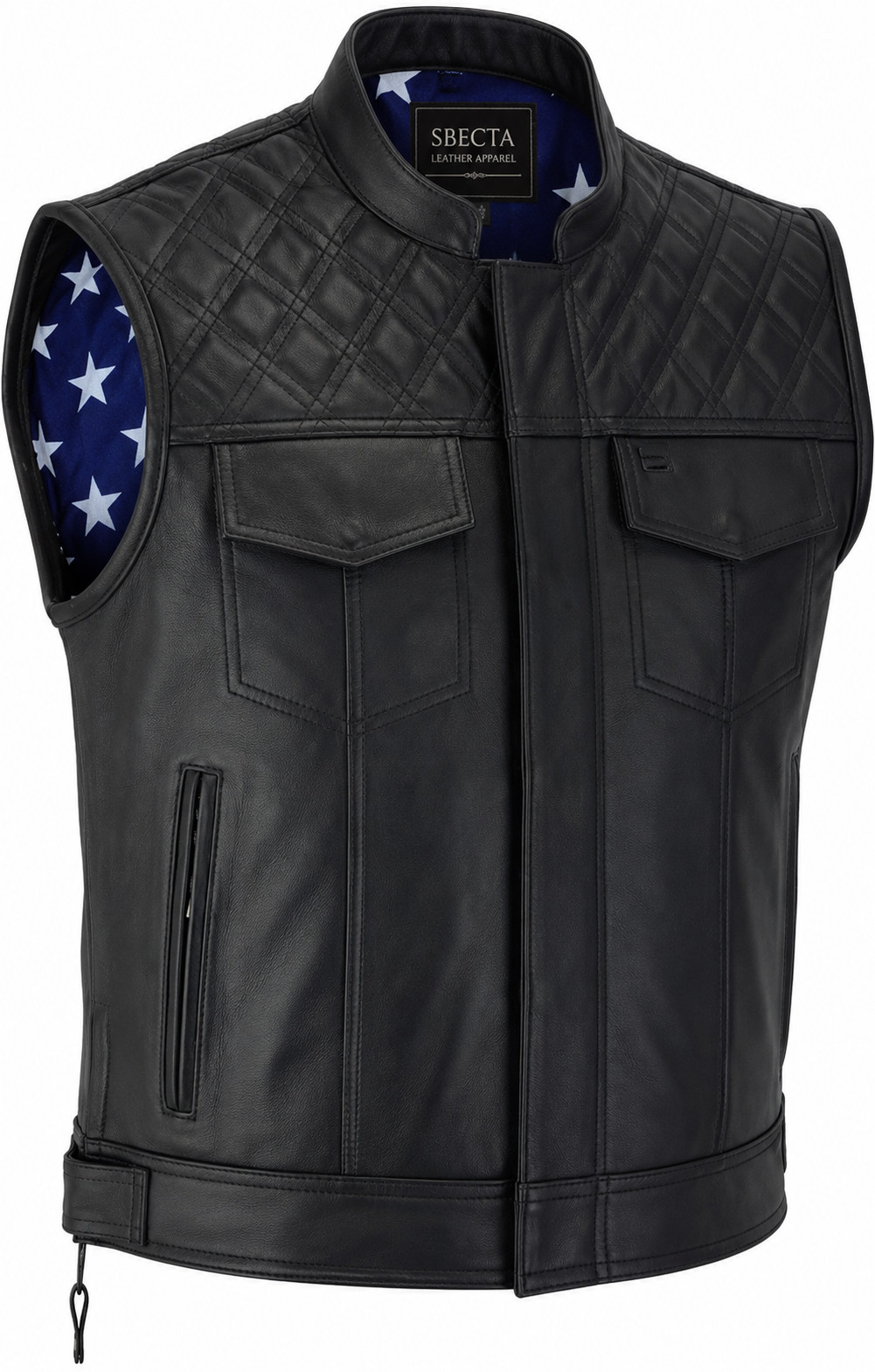 Men’s Black Leather Motorcycle Vest USA Flag Liner Biker Club Riding Side Strap