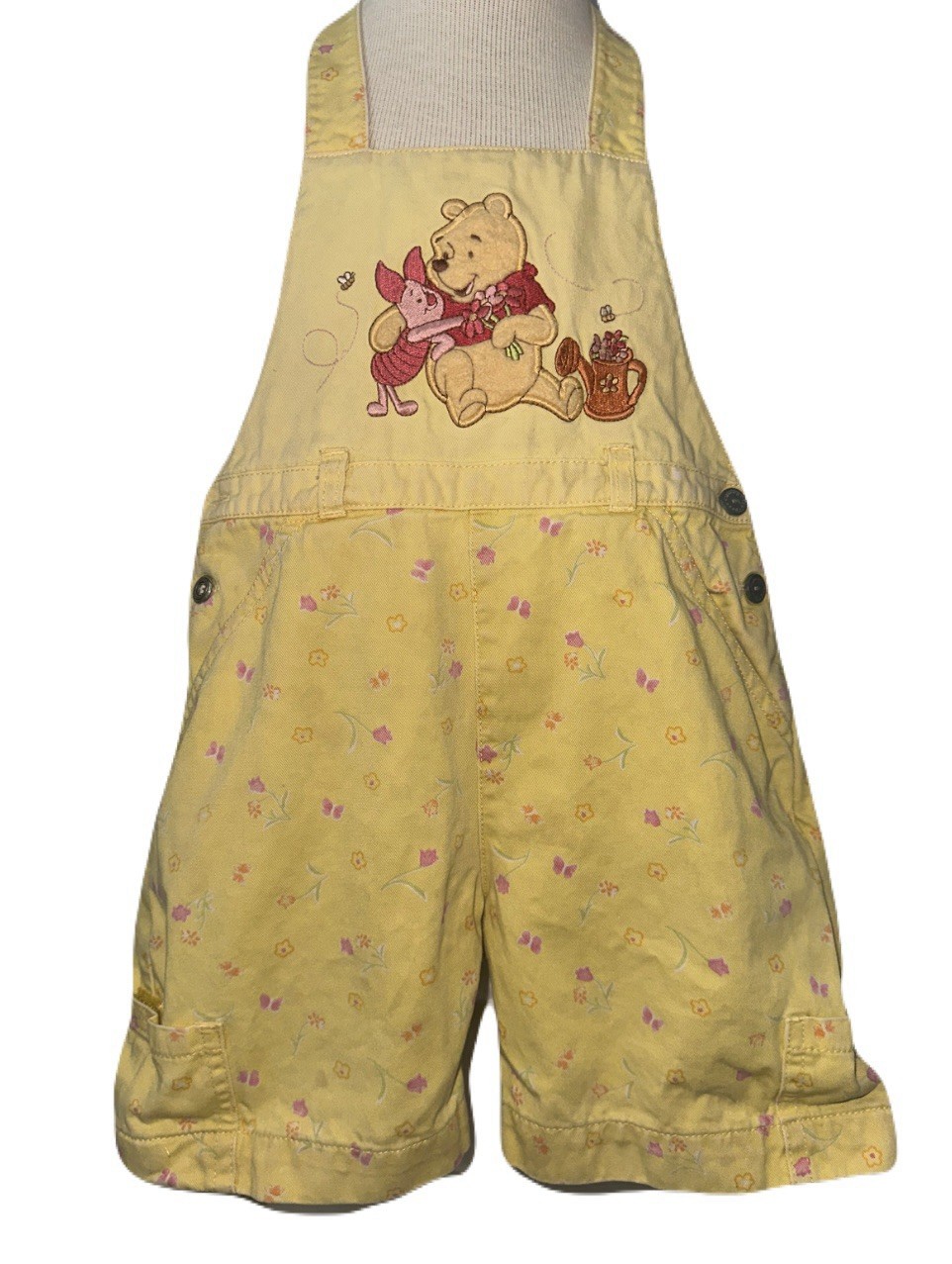 Yellow Pooh And Piglet Floral Print Shortalls 3t