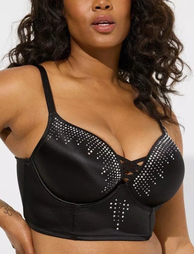 Womens Torrid XO Plunge Push-Up Bra Diamante rhinestone Black Size 50 B