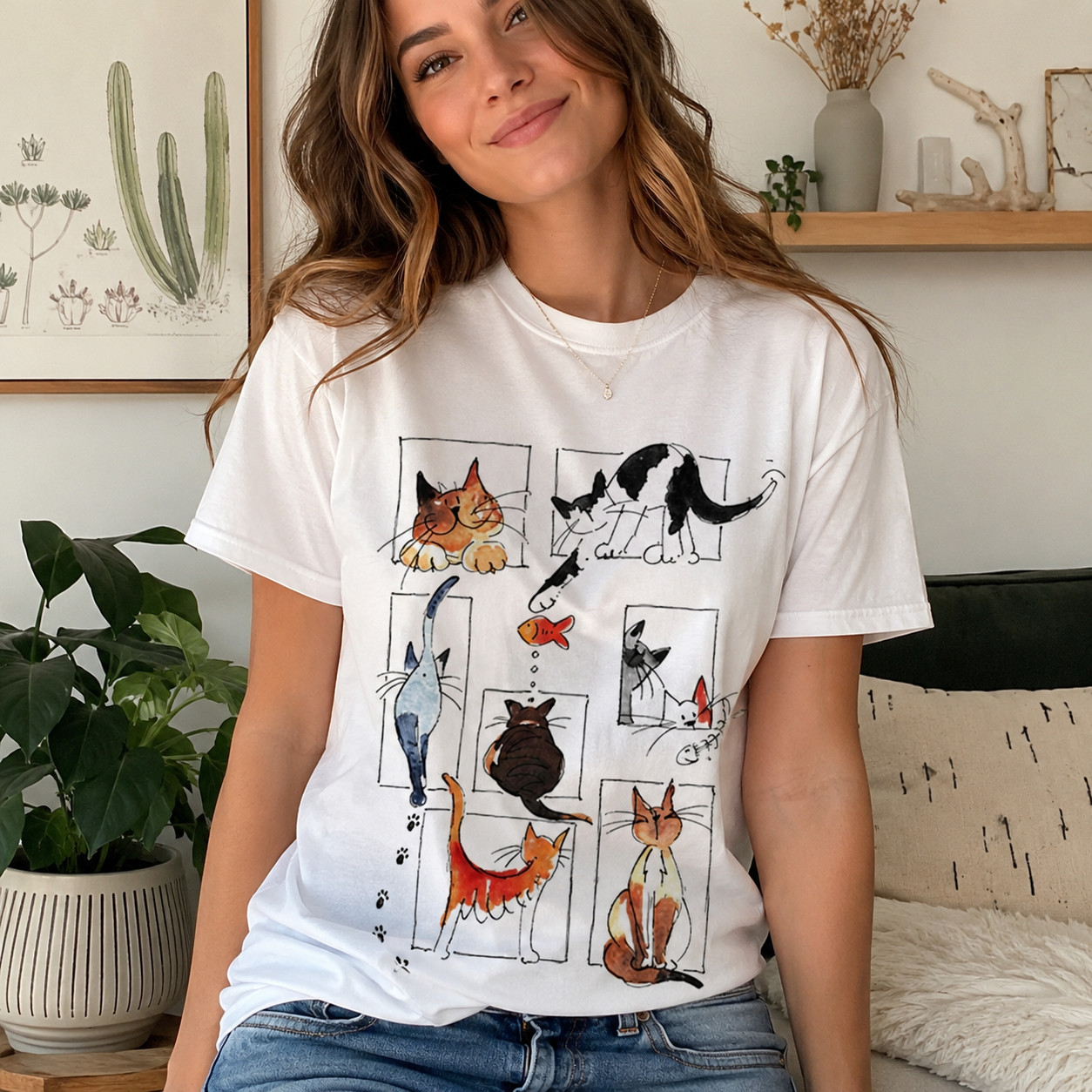 Watercolor Cat Windows T-Shirt | Playful Multi-Cat Boutique Graphic Tee