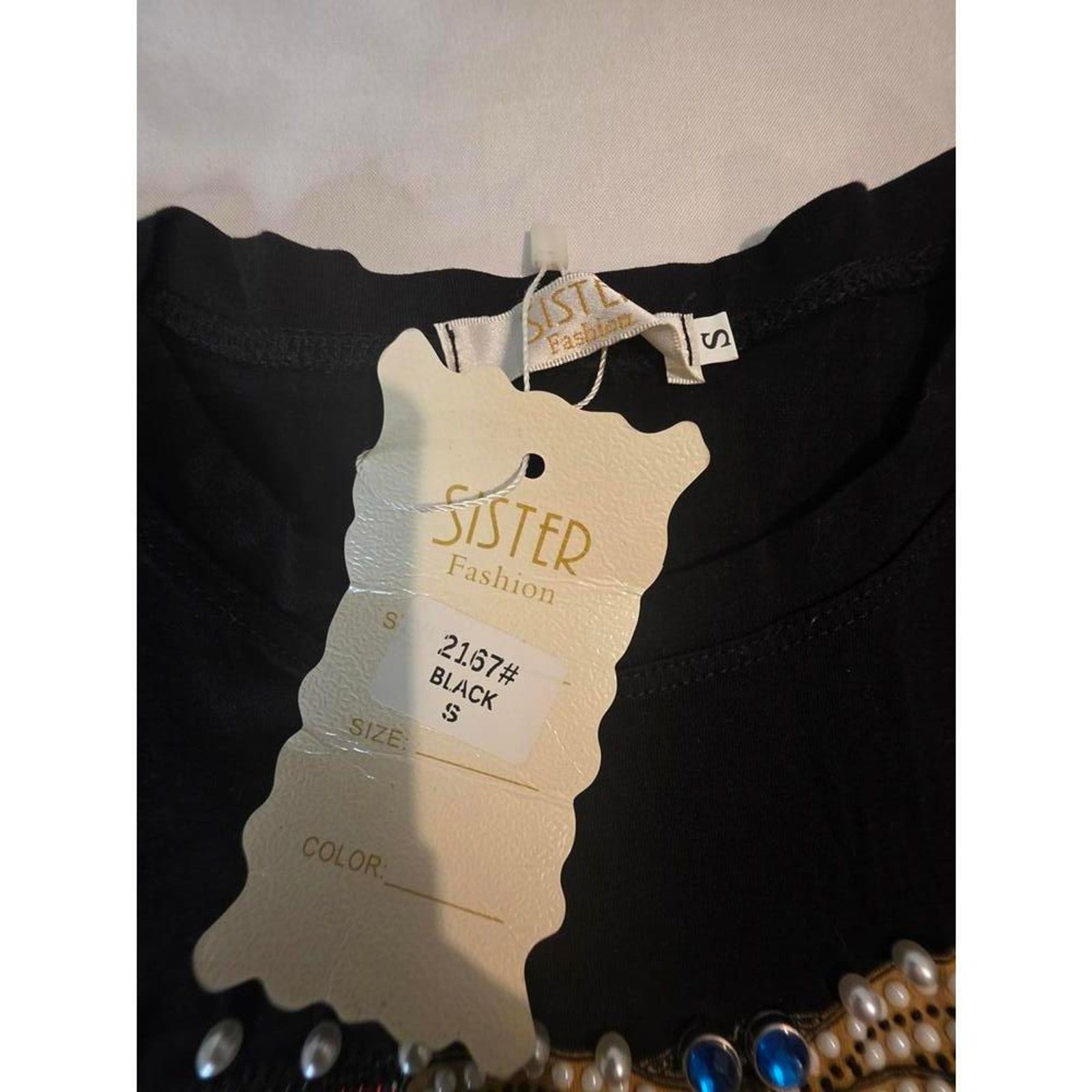 Black Short Sleeve T-Shirt with Red and Pearl Embellished Bow Design
